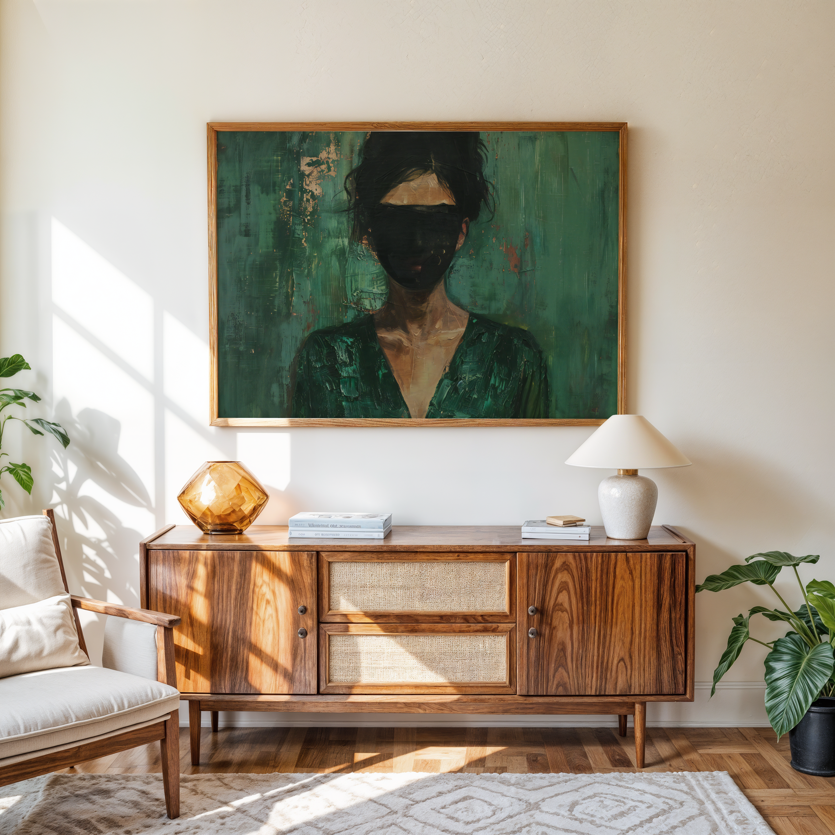 Contemporary portrait wall art of woman in green, abstract style with hidden facial details