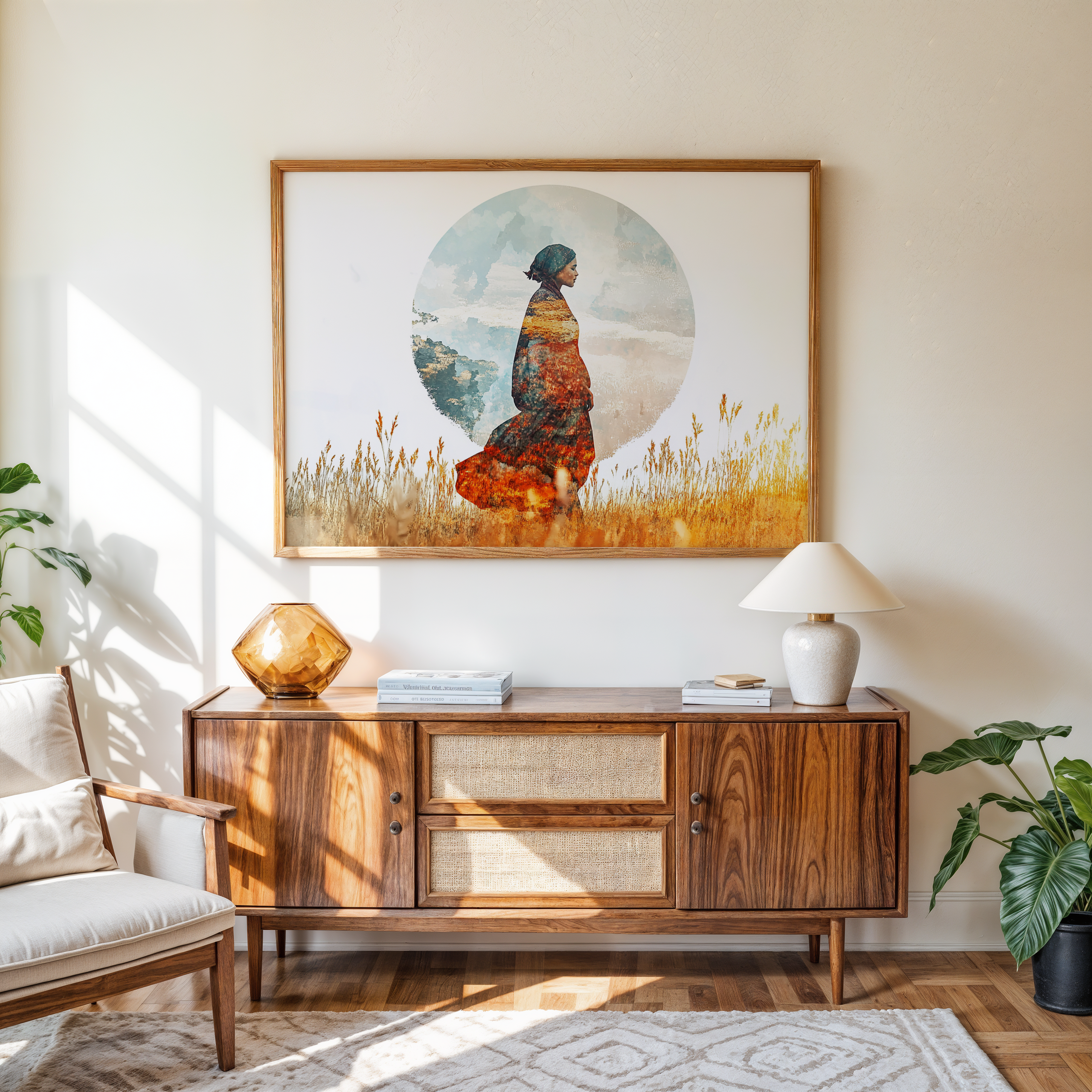 Abstract woman silhouette canvas wall art with sky and nature design framed for modern living room décor