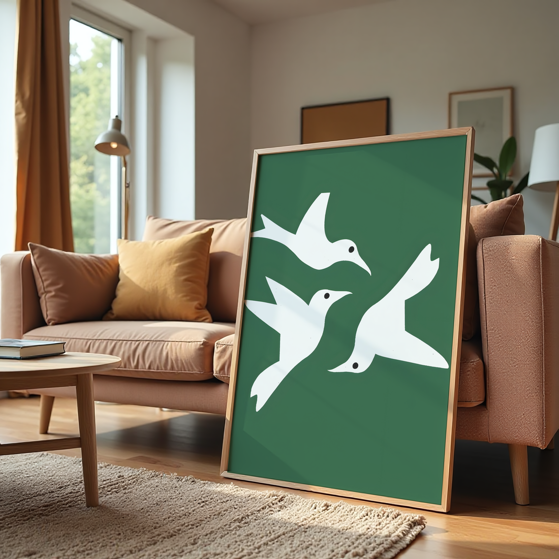 Abstract white birds canvas art with flowing bird silhouettes on green background