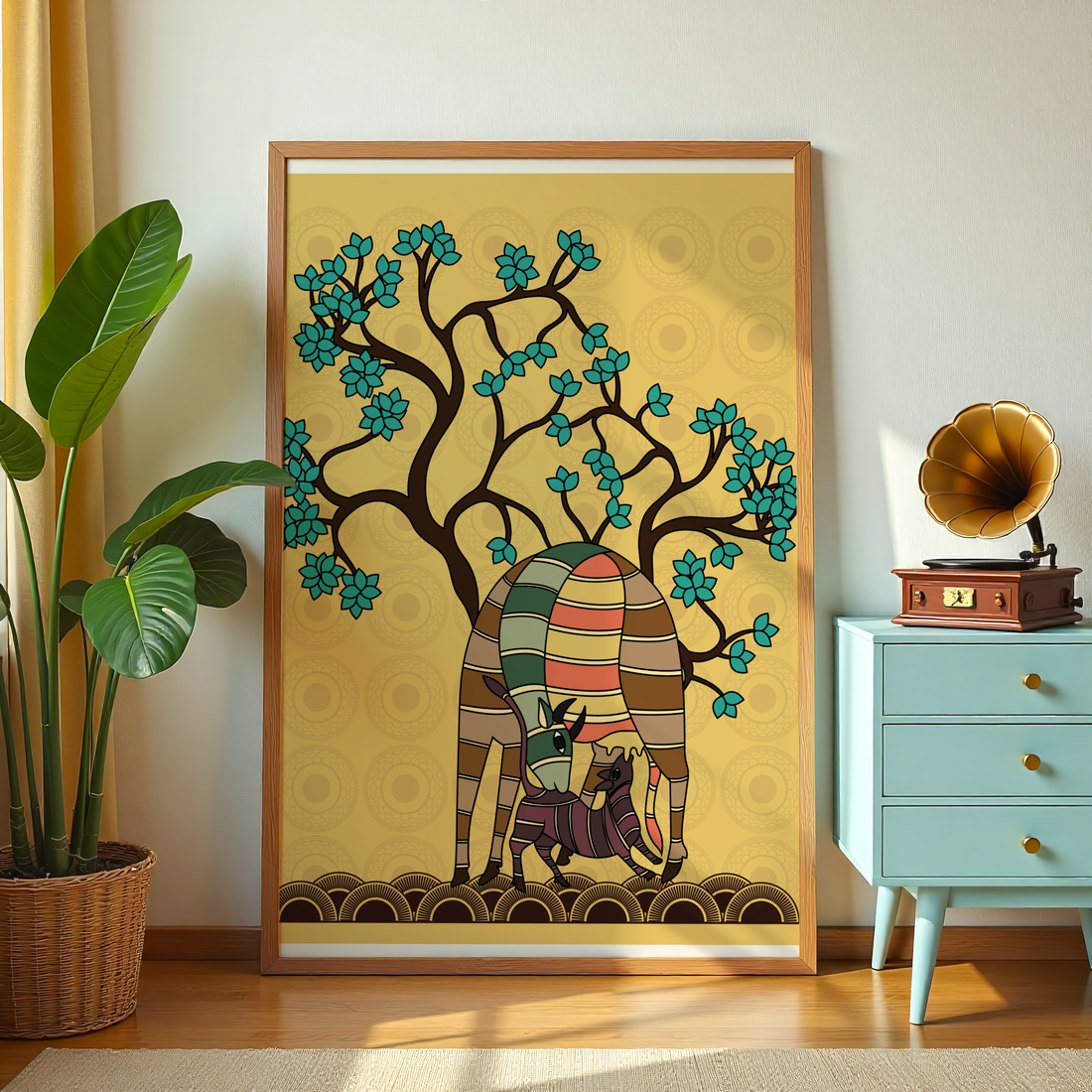 Sacred cow and calf Madhubani inspired wall art for home and pooja room décor