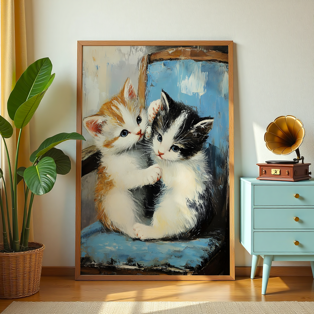 Adorable cat kittens nursery wall decor canvas with soft colors and warm mood