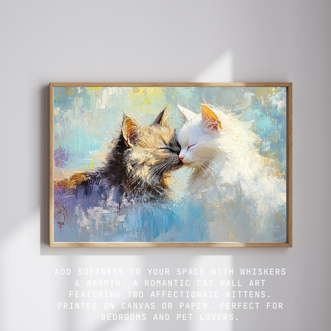 Soft impressionist painting of loving kittens in blue and yellow pastel tones, perfect for pet lovers