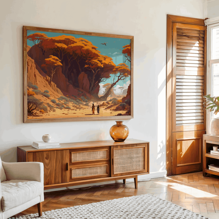 African Desert Village Canvas Wall Art – Sunset Landscape Painting