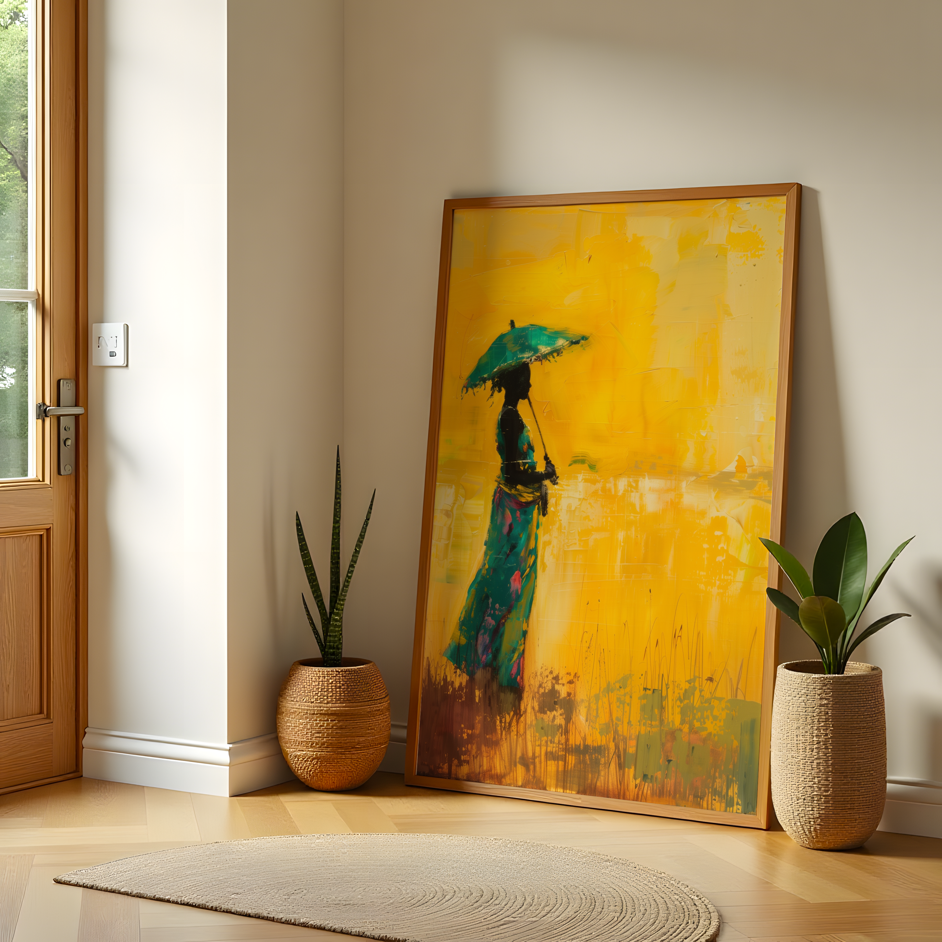 Abstract painting of African woman with umbrella – boho canvas wall art