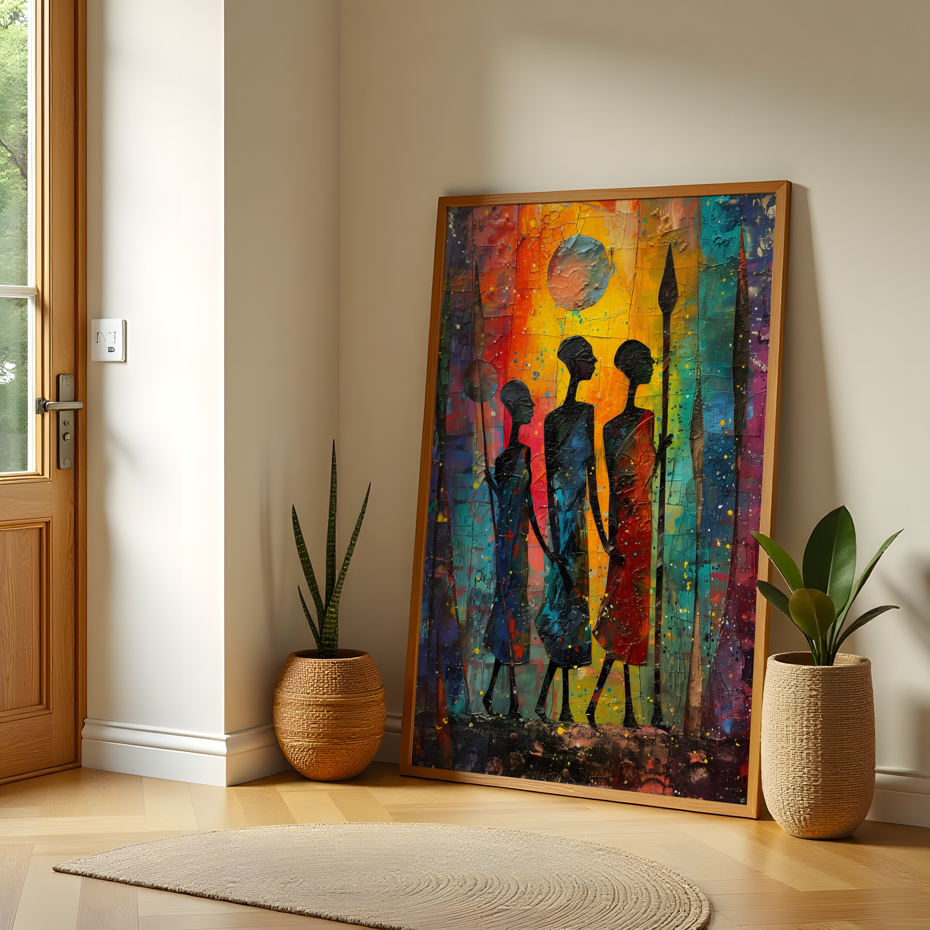 African culture wall art with colorful textured background and figures