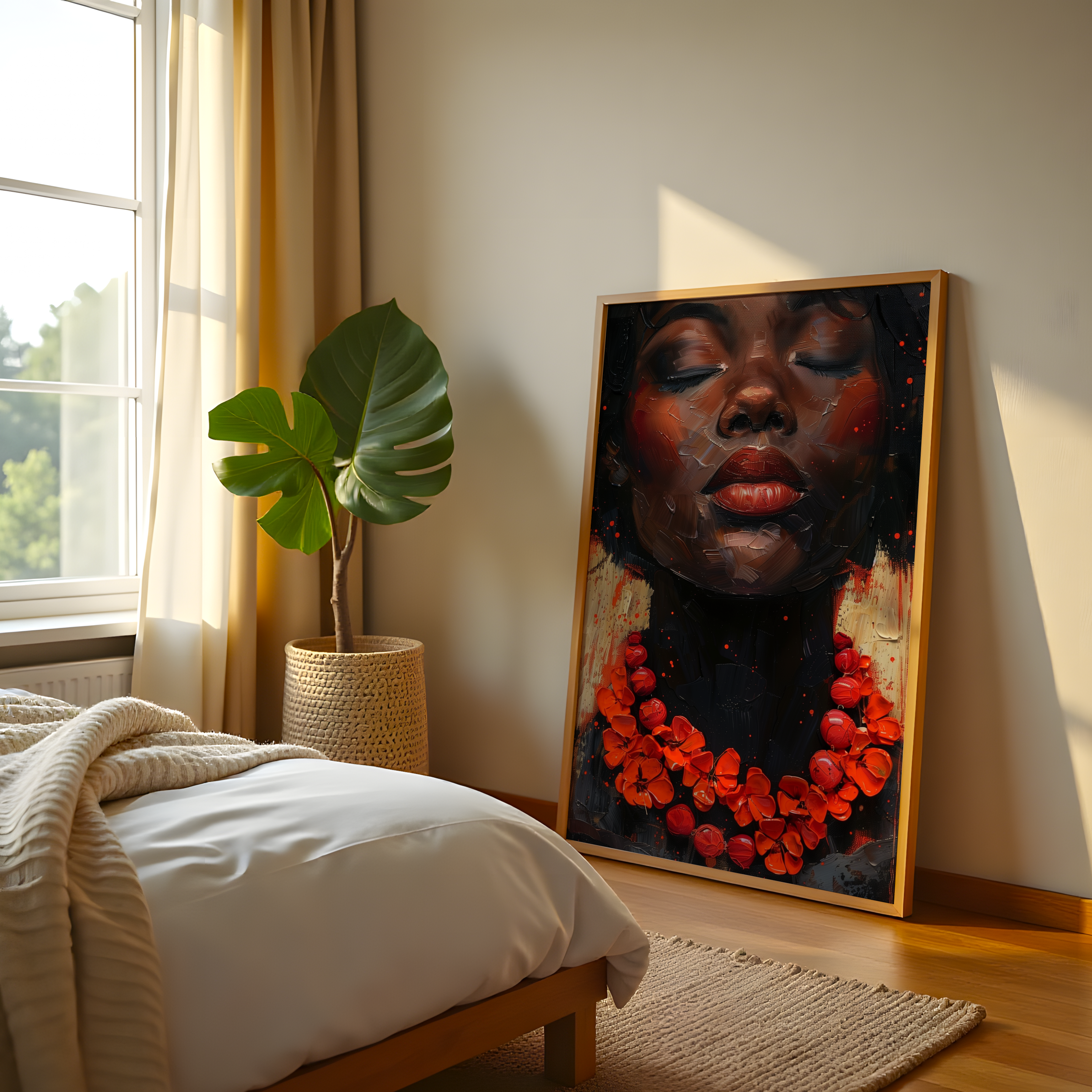 African-inspired woman portrait with bold expression on canvas
