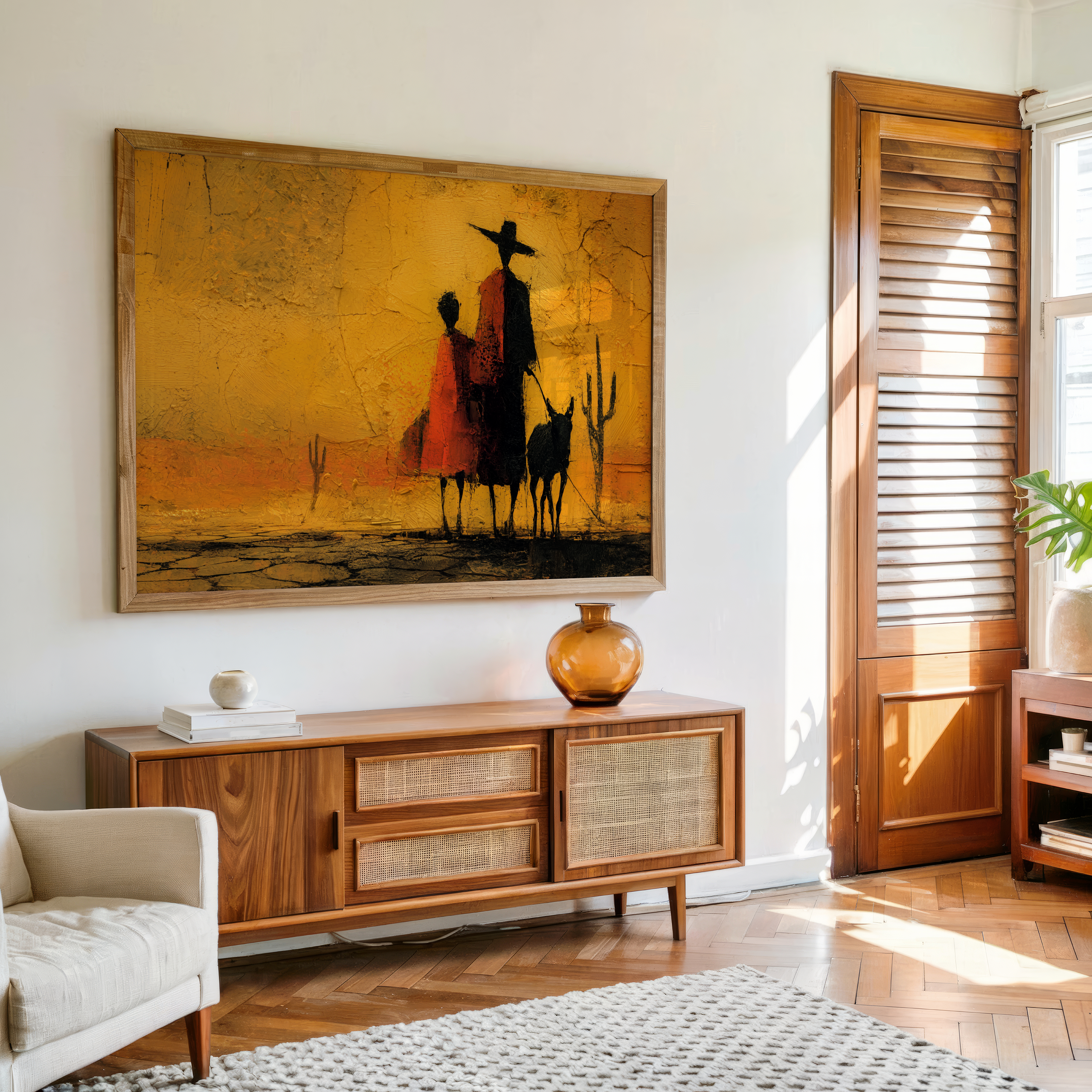 African tribal silhouette in desert sunset canvas wall art