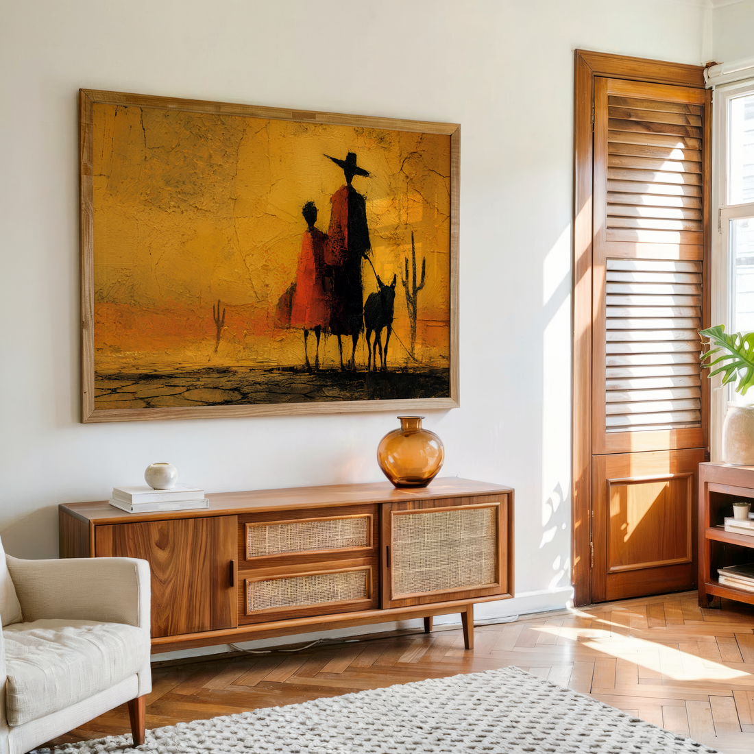 African tribal silhouette in desert sunset canvas wall art