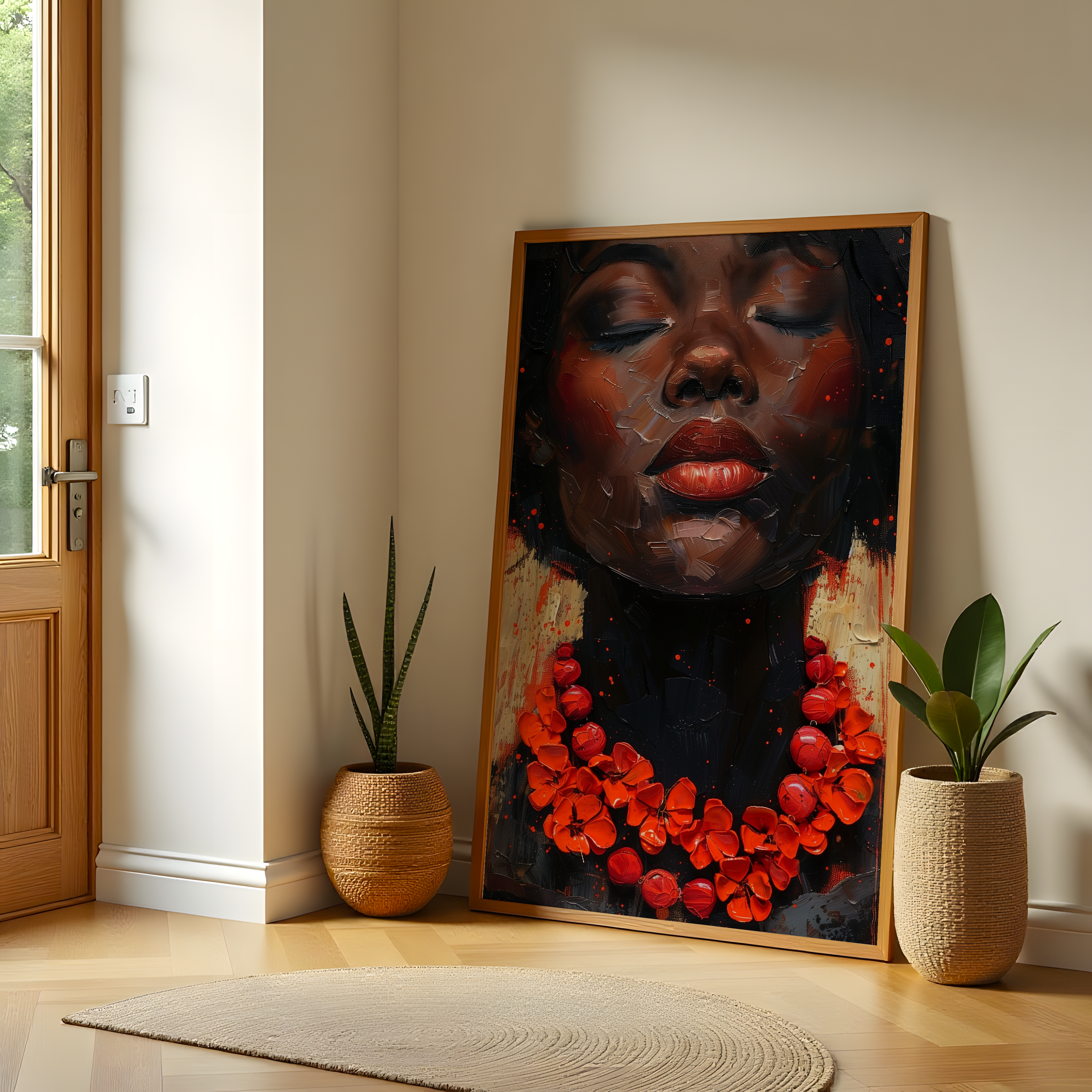 Afro portrait wall art with red floral necklace