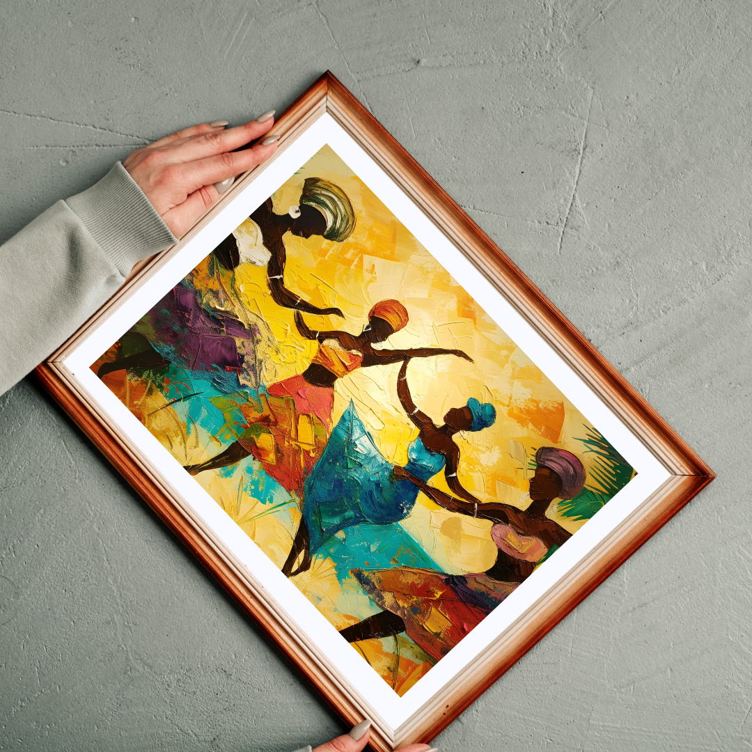 Bold and joyful African dance wall art in warm tones, perfect for boho homes and hotel decor