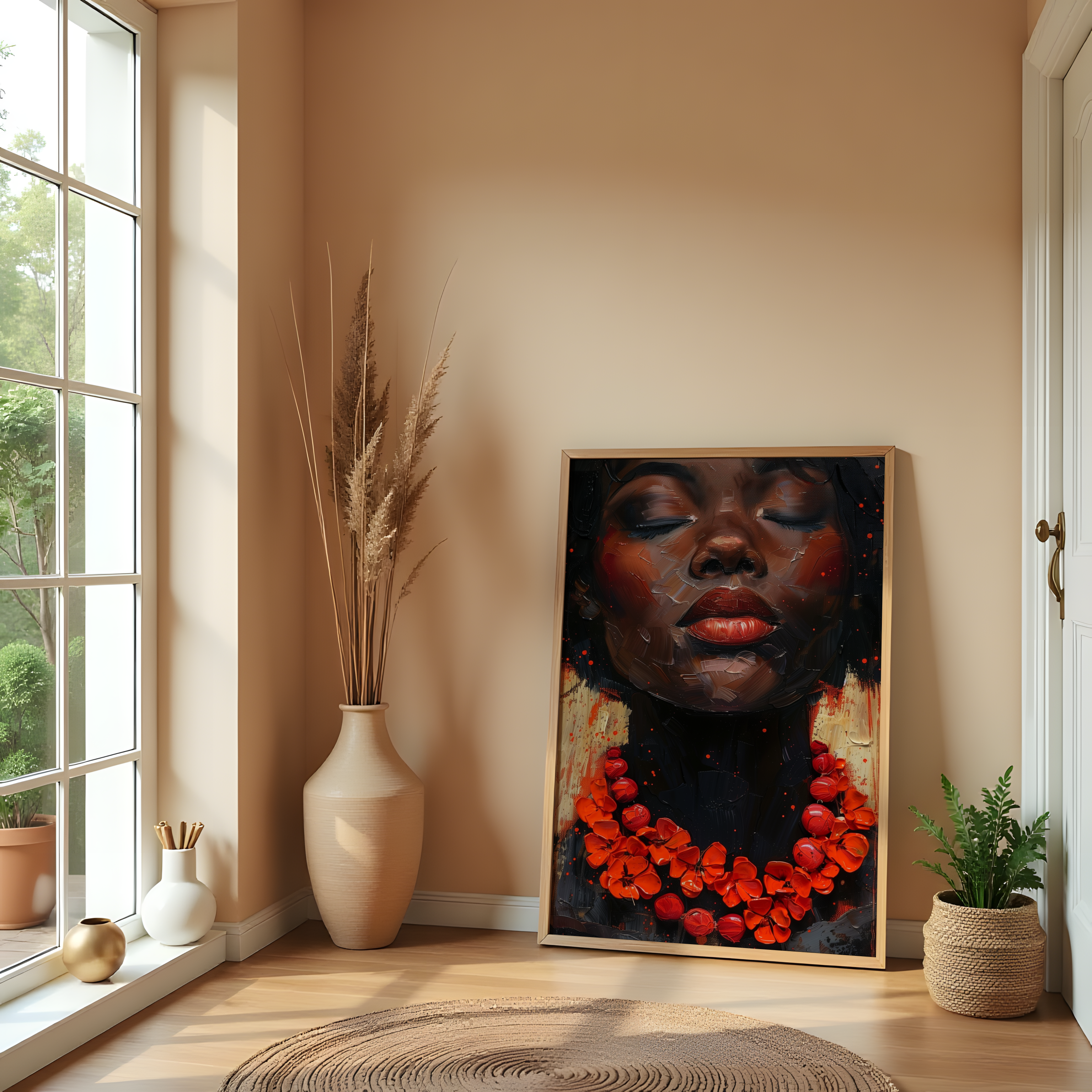 Afro modern portrait canvas print with red floral necklace