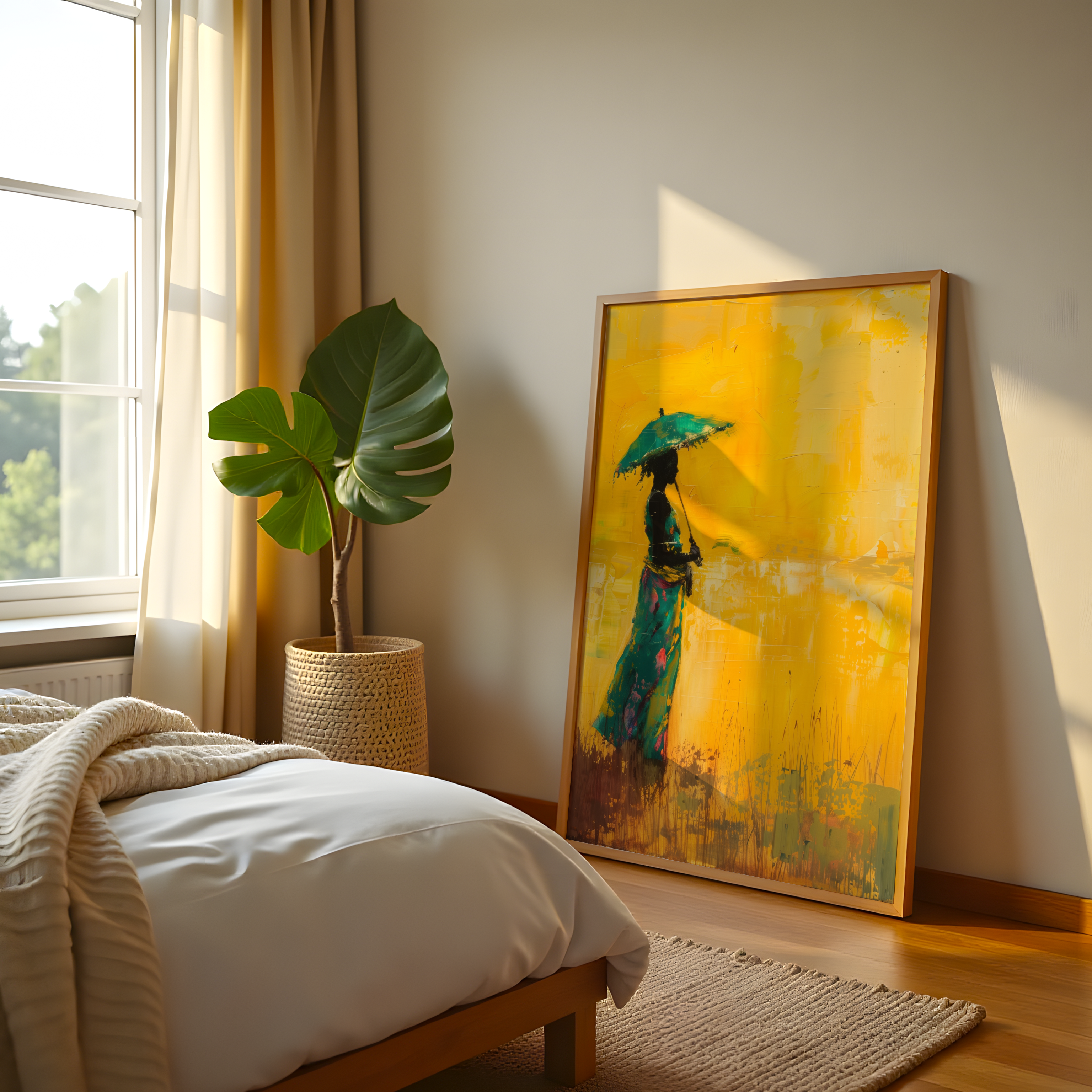 Afro-inspired wall art in yellow tones with traditional silhouette – printed on canvas