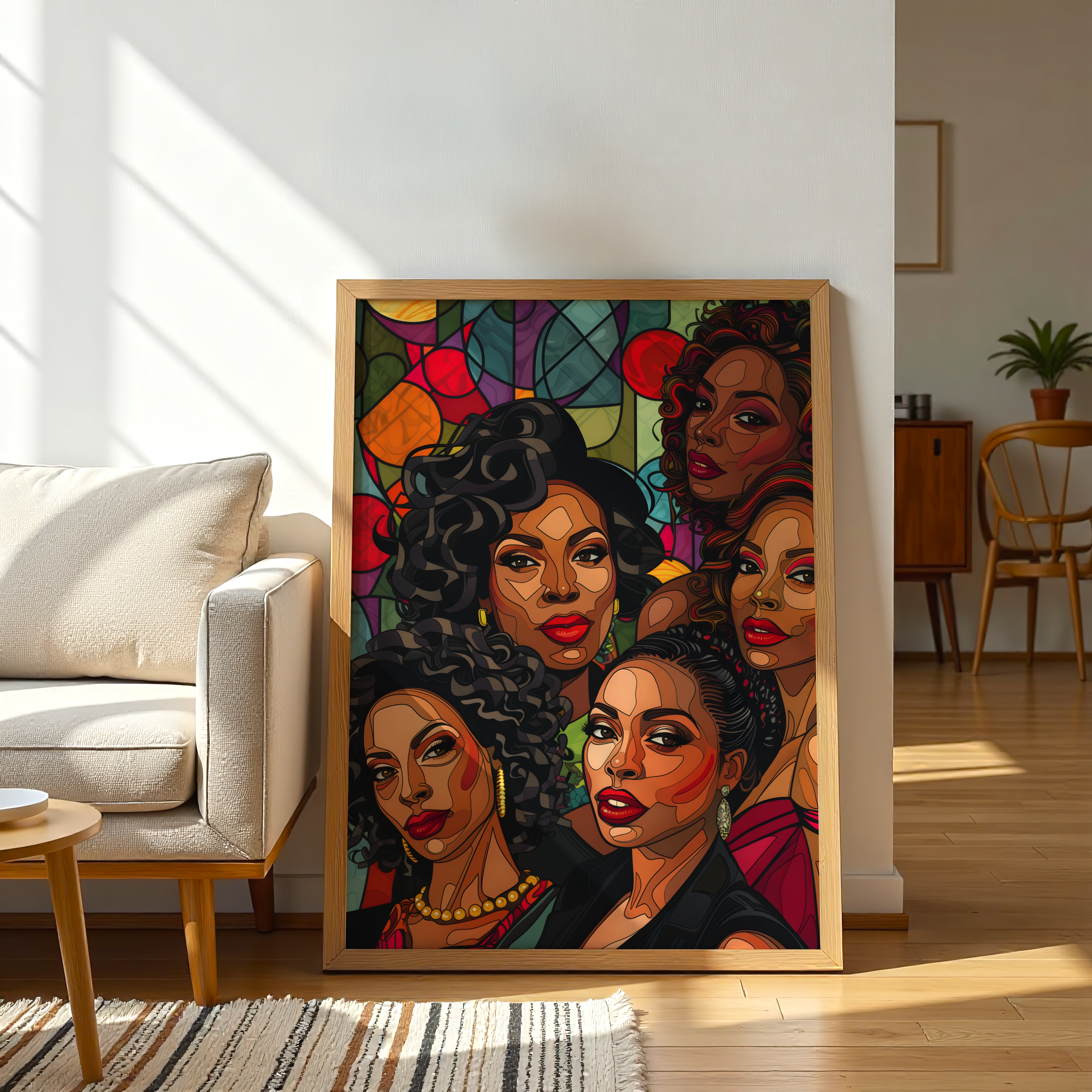Digital painting of elegant Black women in stained-glass style, printed as canvas wall art for modern interiors.