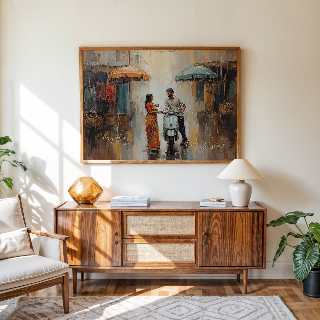 Romantic Indian couple on scooter in village street, digital artwork printed on canvas, soft morning light and love-themed wall decor.