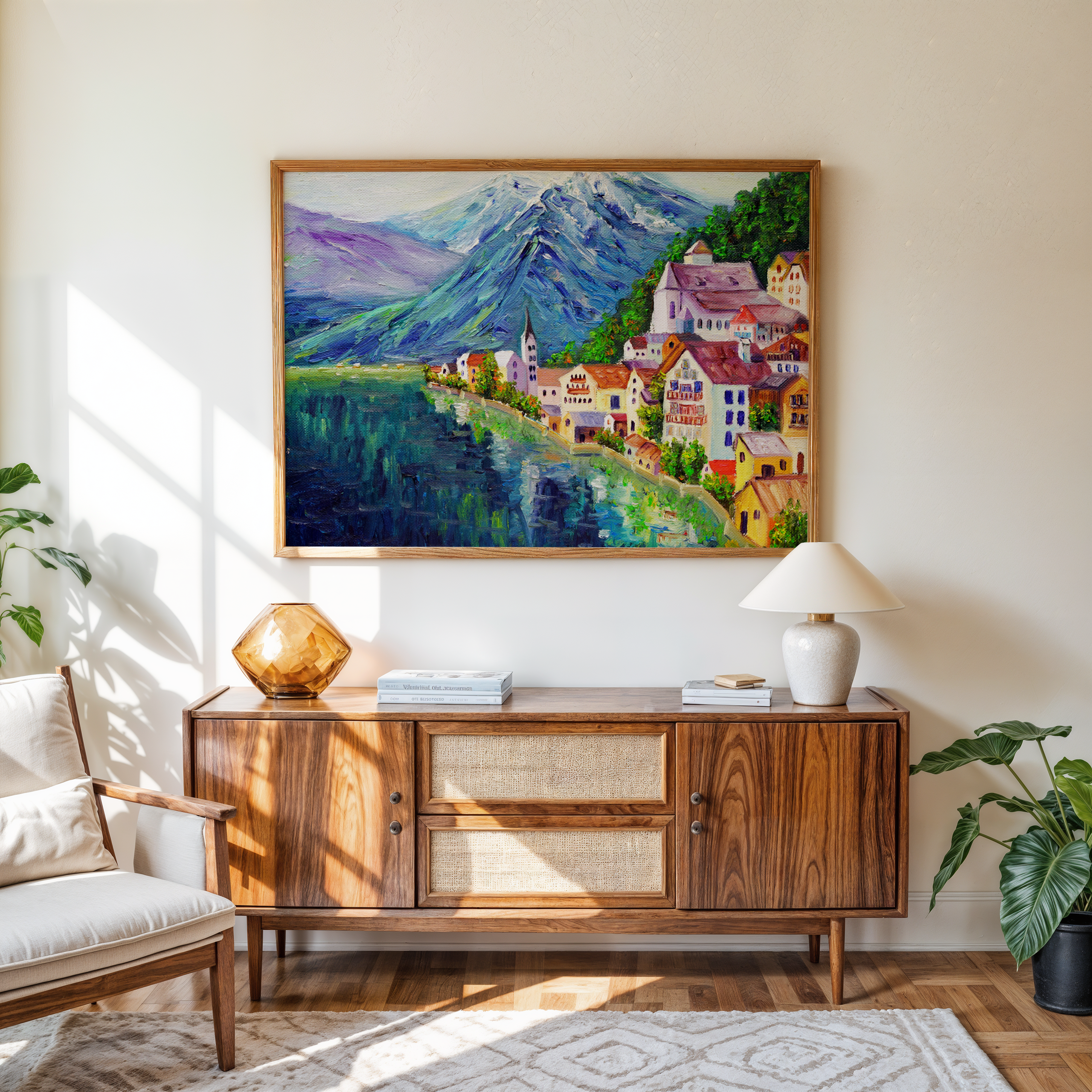 Living room with wooden sideboard, armchair, and landscape painting on the wall.