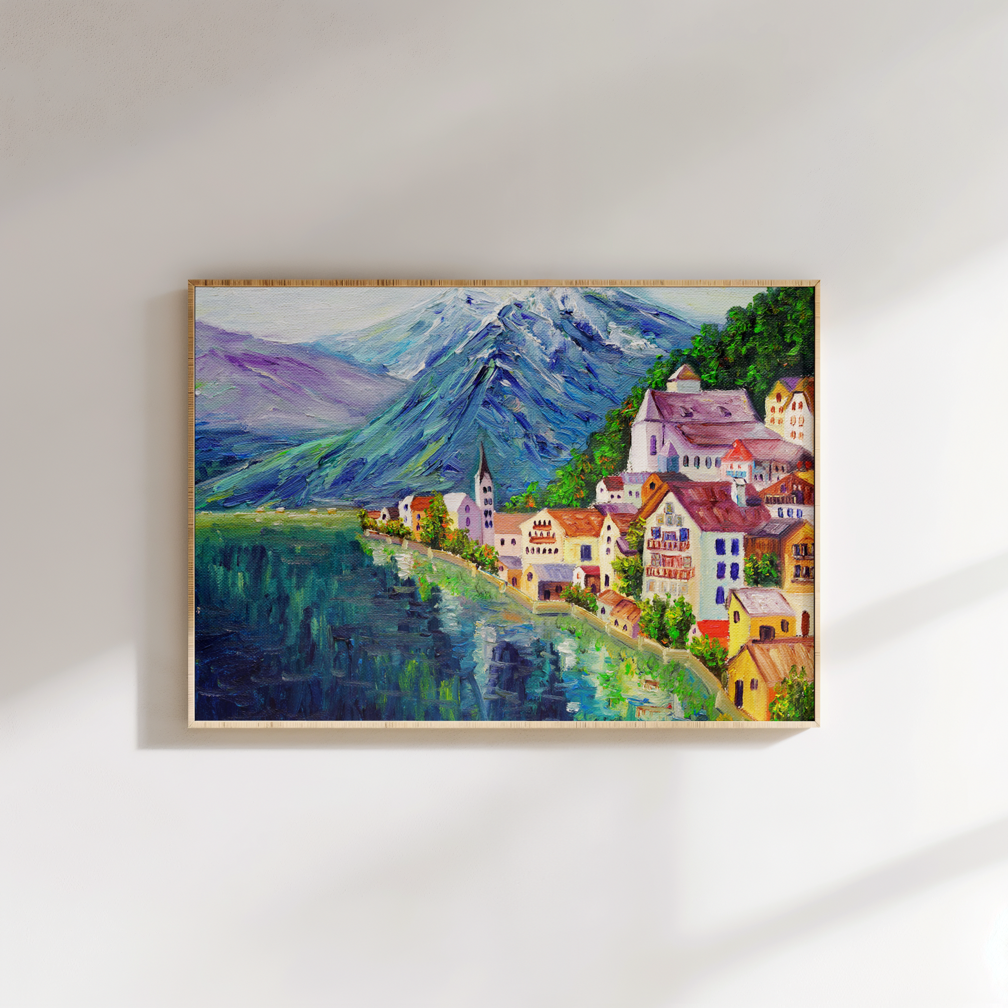 Alpine village by the lake with snowy mountain backdrop – colorful landscape canvas wall art