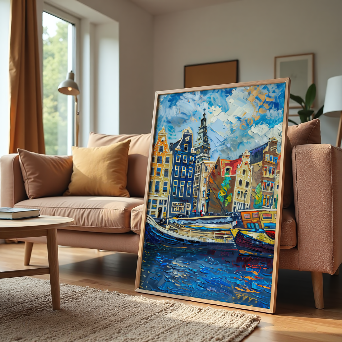 Amsterdam canal cityscape wall art canvas with colorful buildings and boats