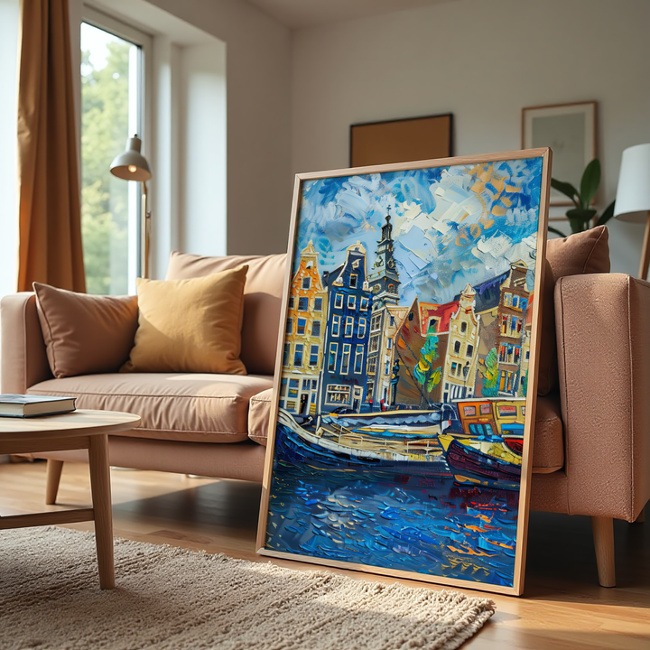 Amsterdam canal cityscape wall art canvas with colorful buildings and boats