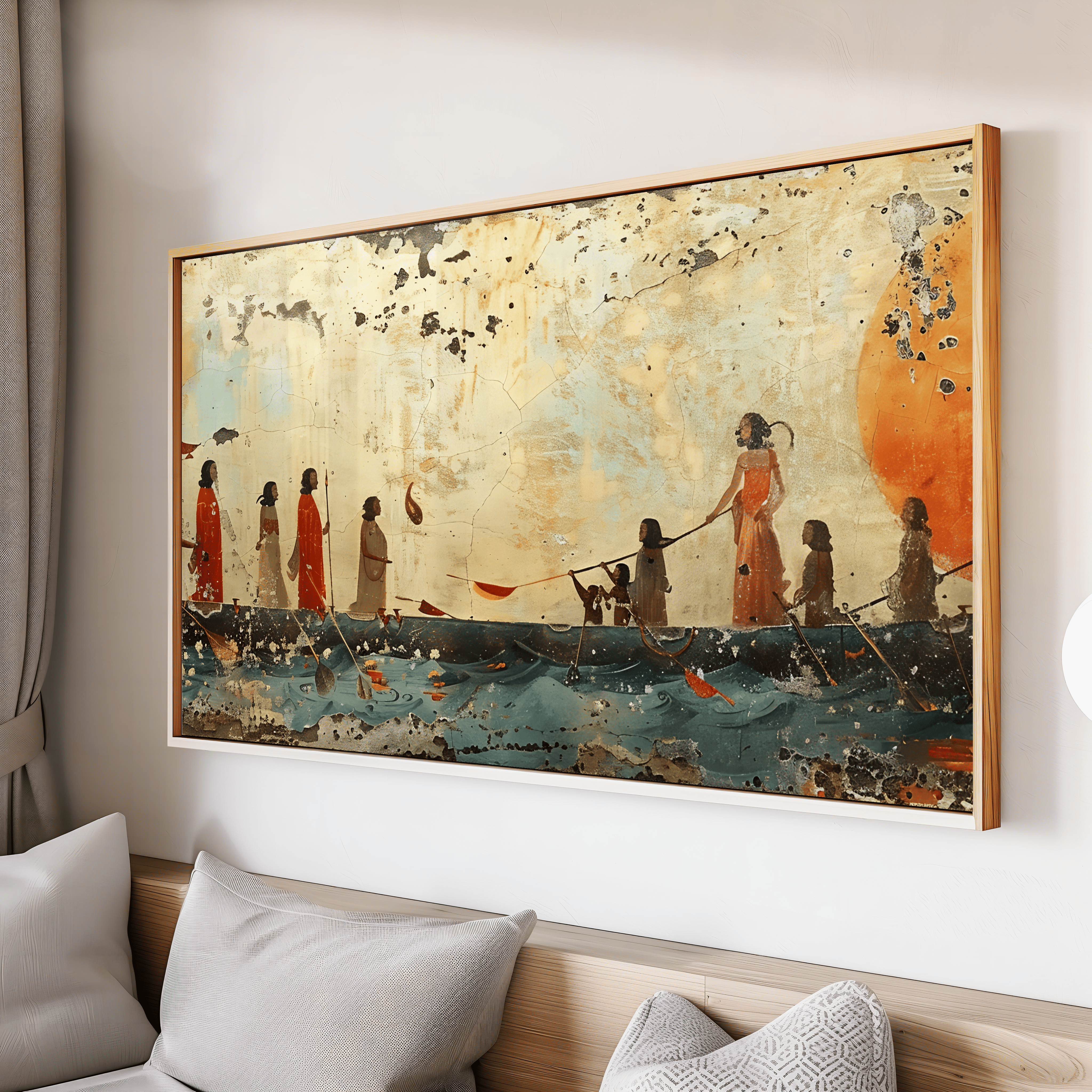 Ancient civilization style river procession artwork with figures on boats under a large sun