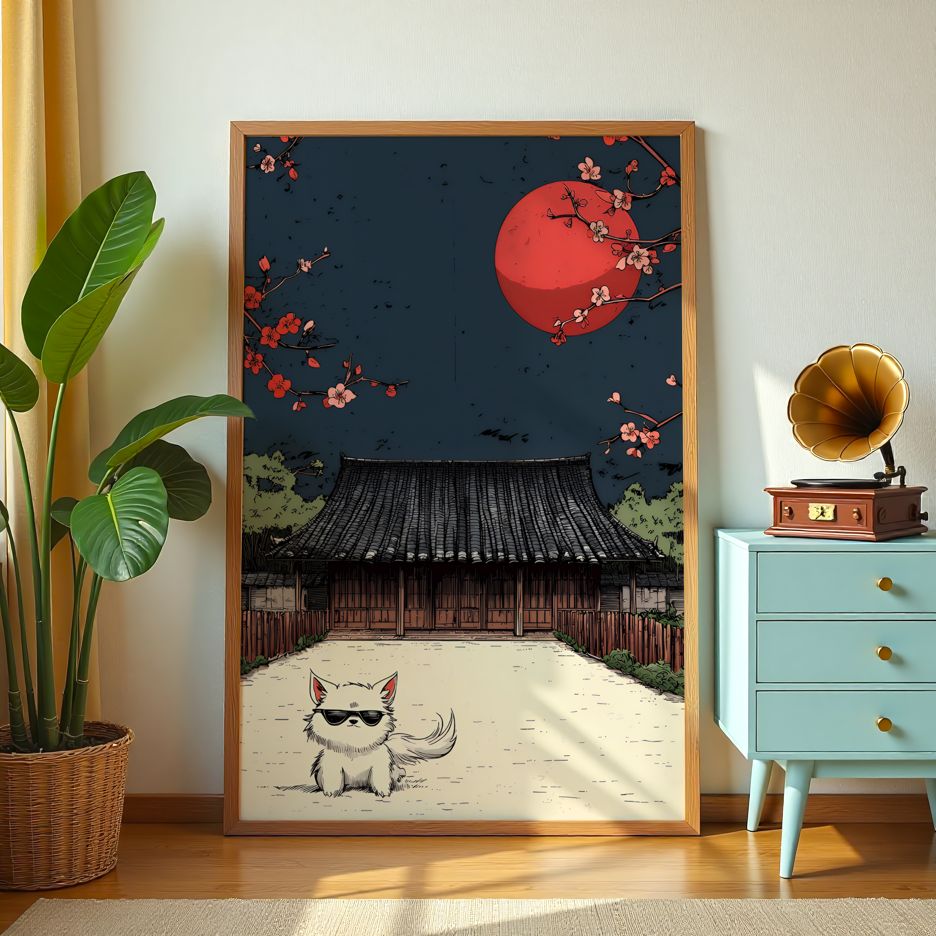 White cat artwork with Japanese house and blossoms