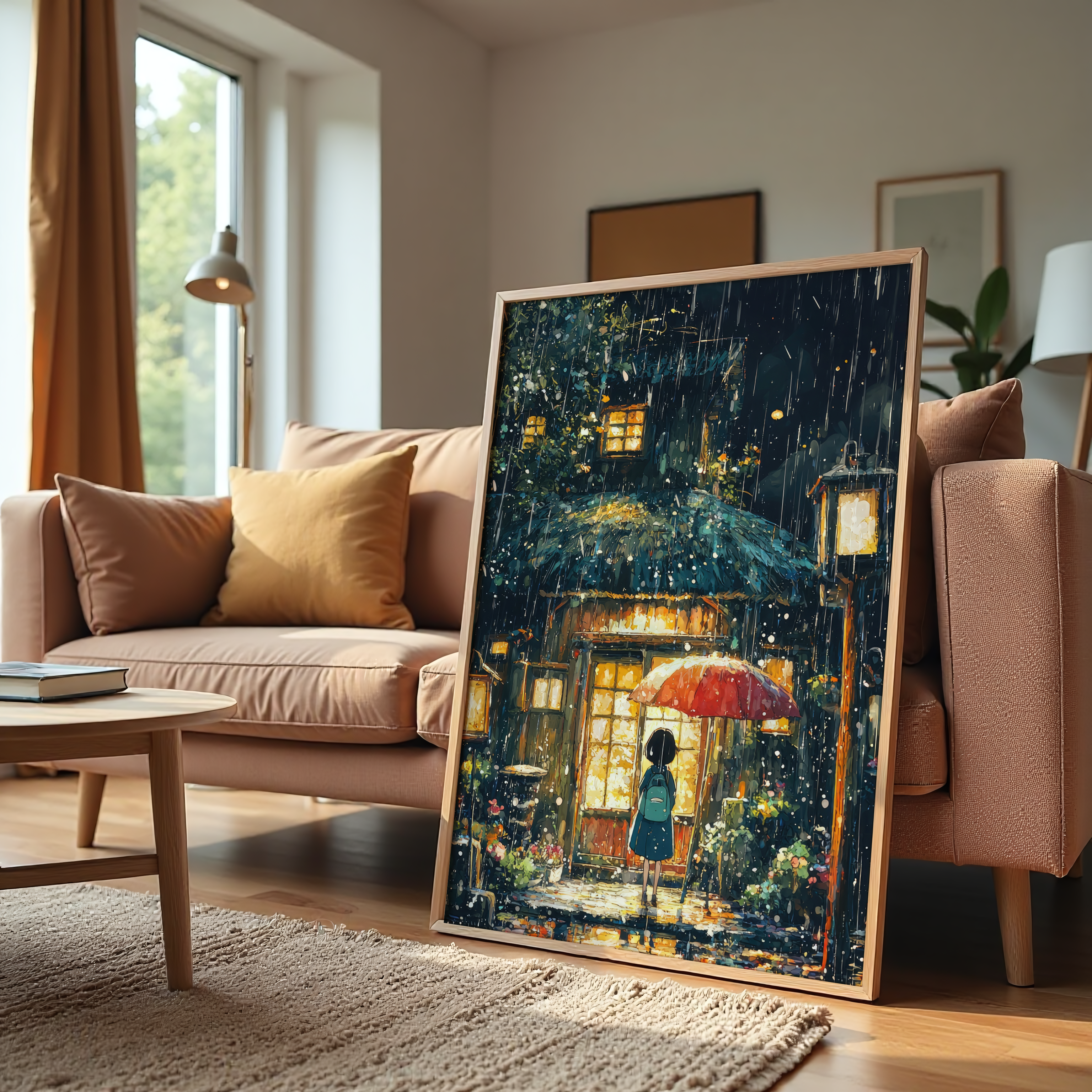 Rainy night canvas wall art with warm glowing lights