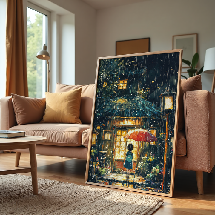 Rainy night canvas wall art with warm glowing lights