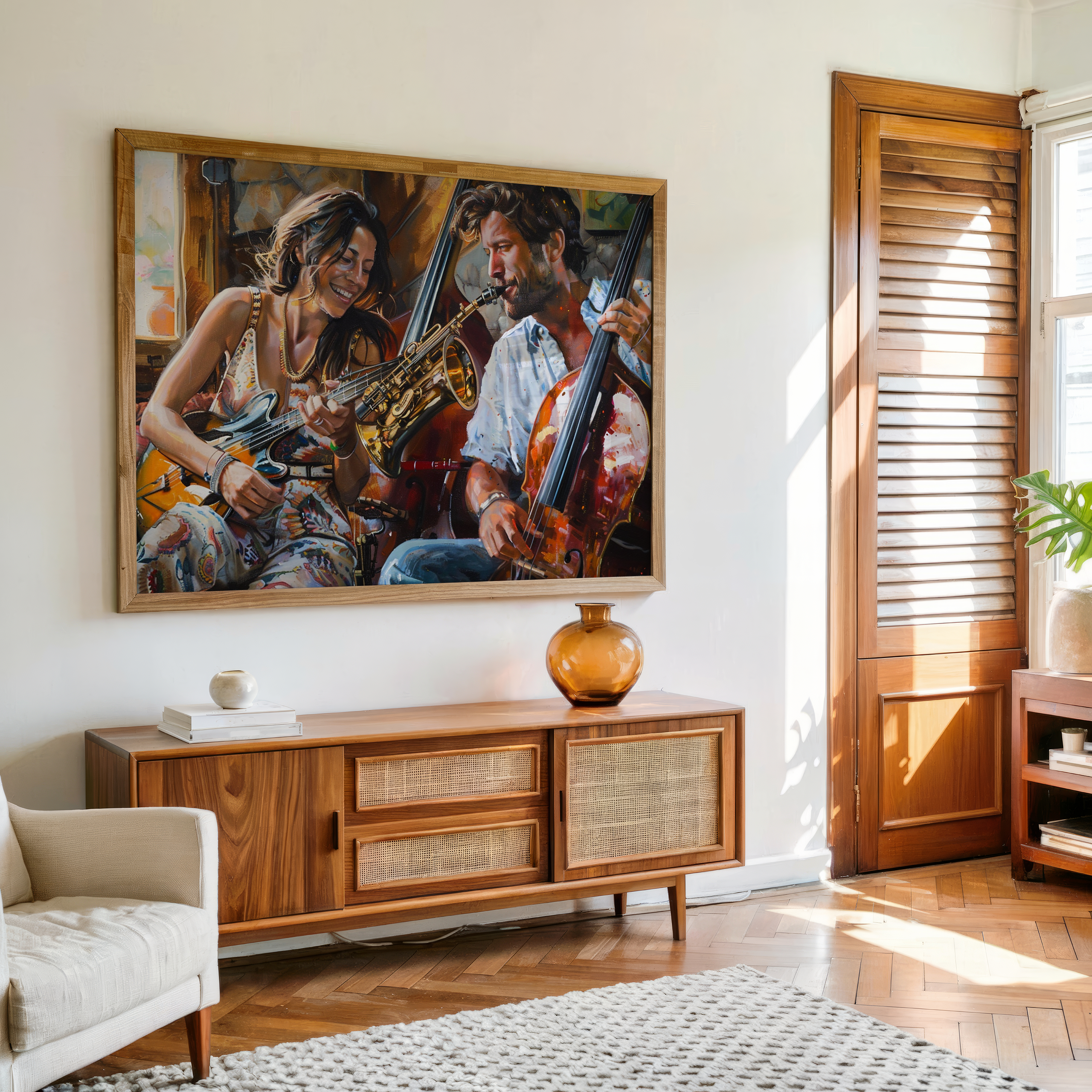 Artistic painting of man and woman enjoying instruments in cozy creative setting