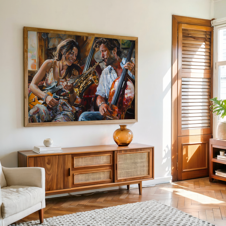 Artistic painting of man and woman enjoying instruments in cozy creative setting