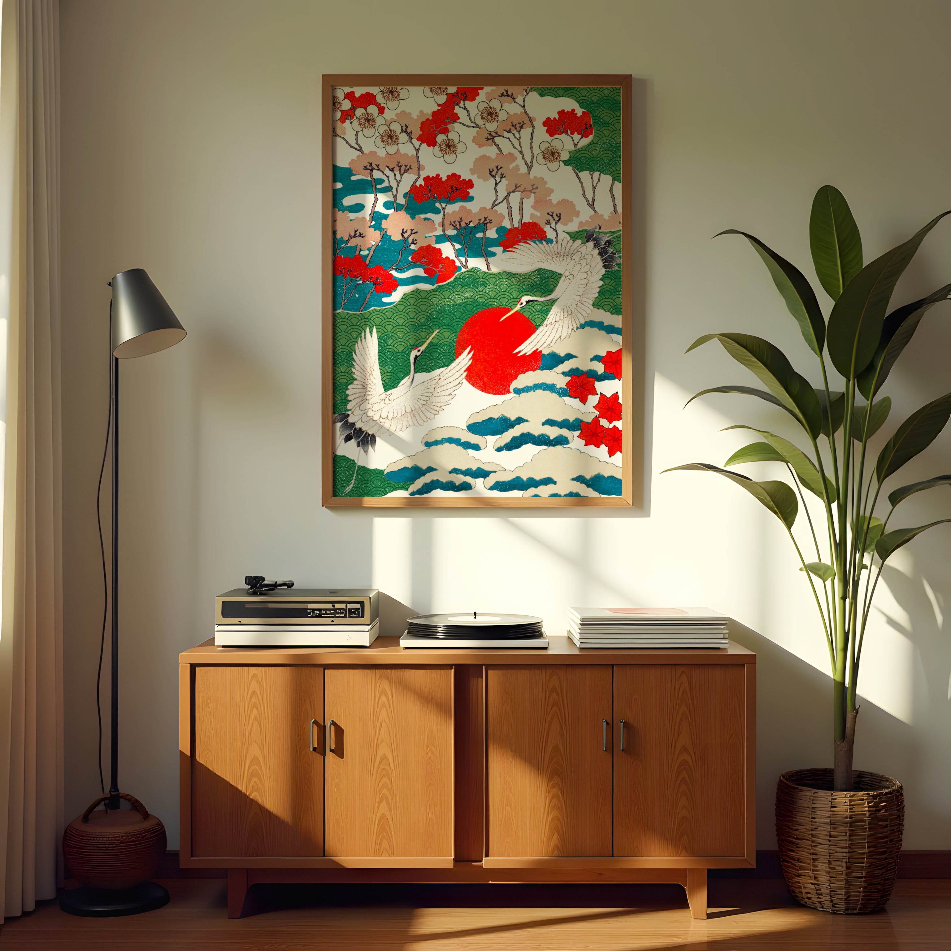 Asian wall art featuring cranes, red sun, and cloud patterns