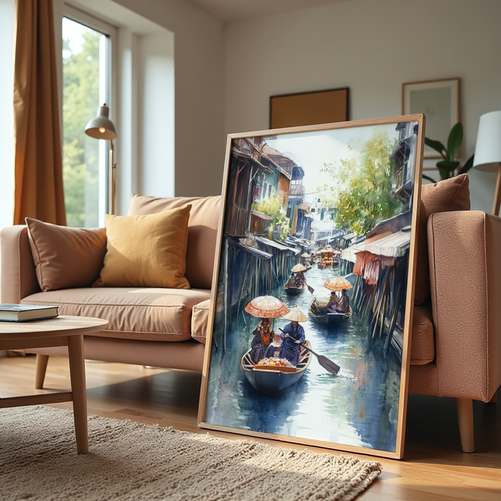 Asian floating market canal scene painting with colorful umbrellas