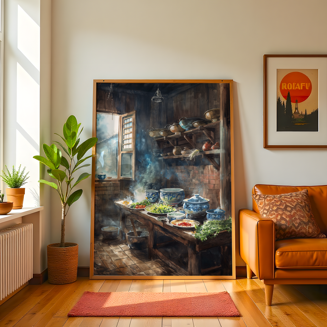 Elegant Asian kitchen wall art featuring a cherry blossom painting, adding traditional decor and serene ambiance to a modern kitchen.