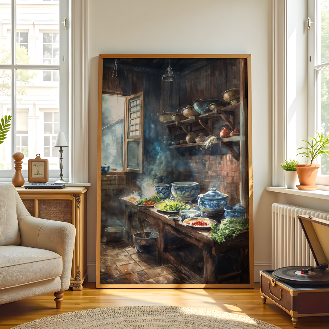 An Asian-inspired kitchen featuring a wall painting of cherry blossoms and cranes, with wooden cabinets and traditional decor elements.