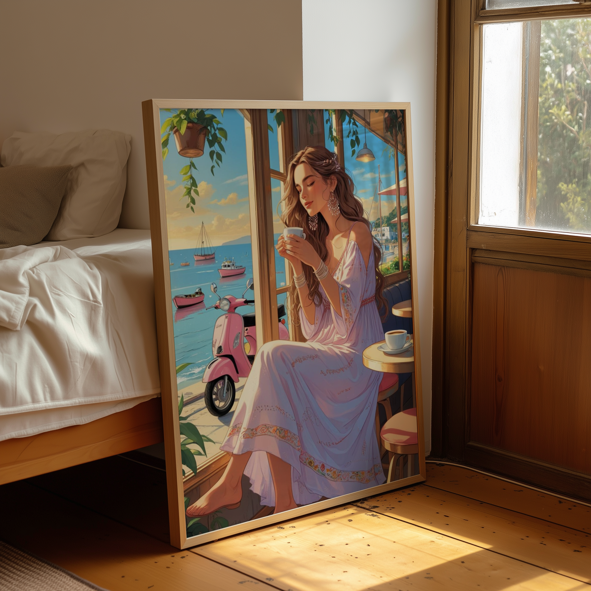 Seaside Morning Bliss – Woman Drinking Coffee by the Ocean