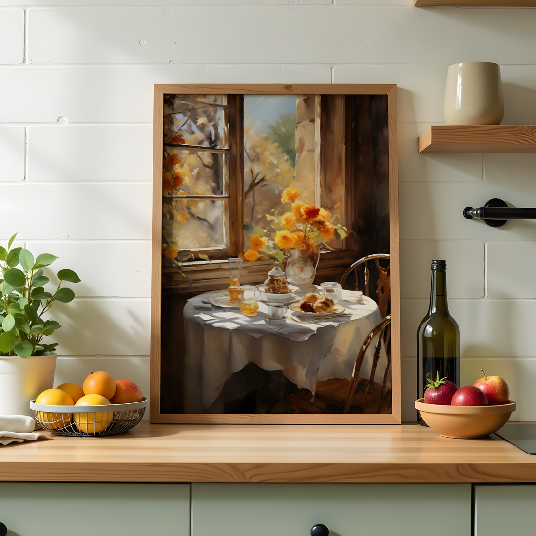 Cozy autumn breakfast scene with pastries, tea, and marigolds near a sunlit window