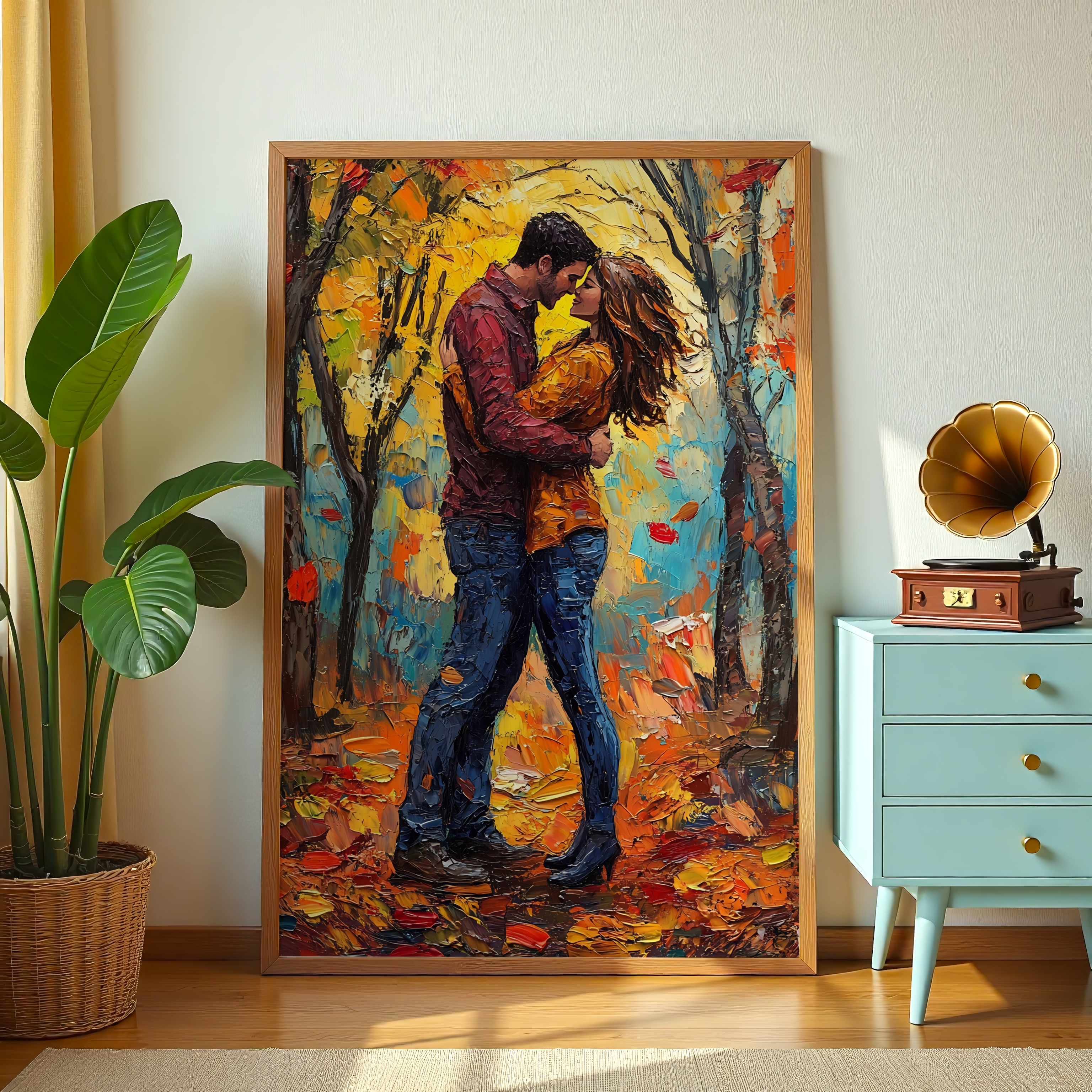 Autumn couple embrace artwork for bedroom wall décor