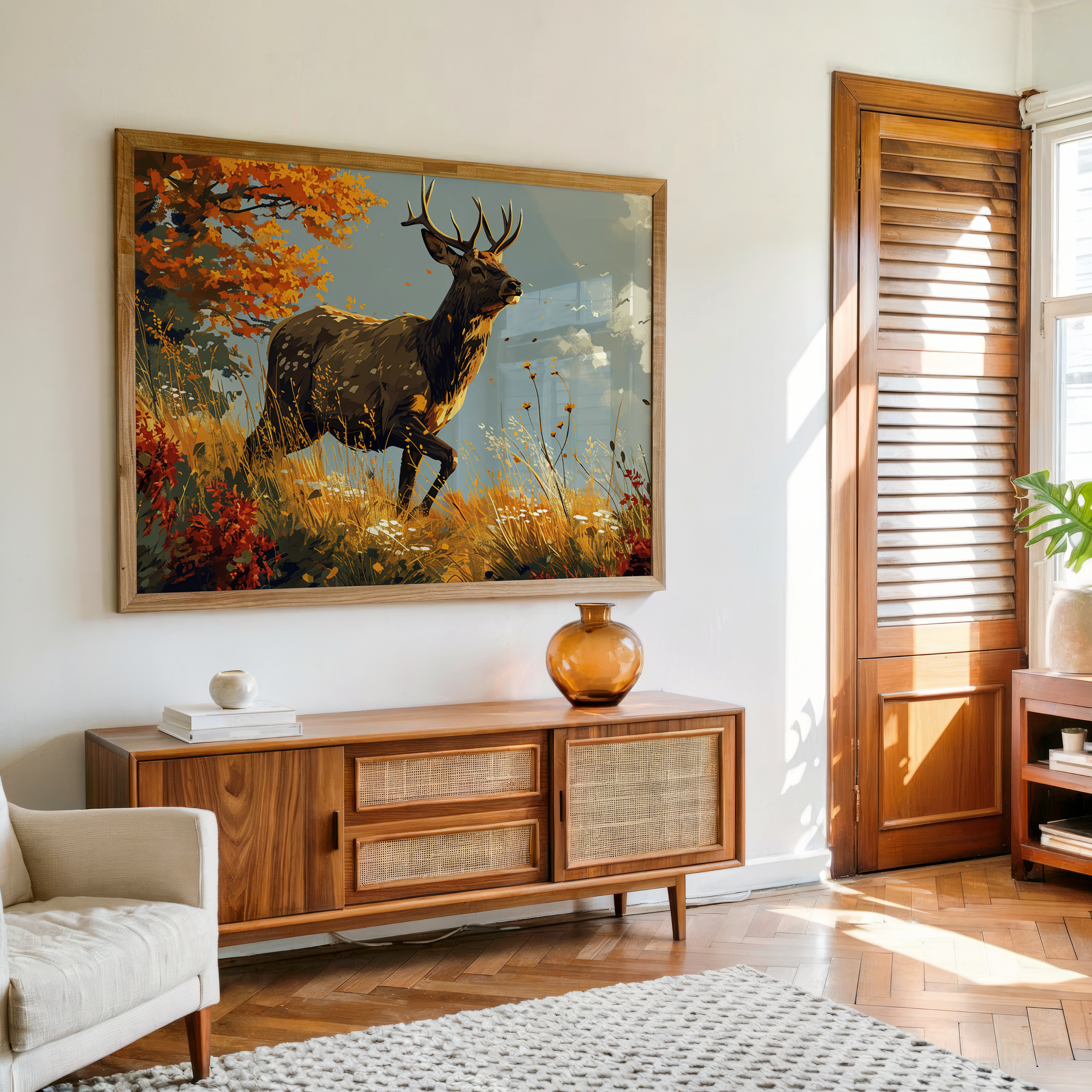 Autumn deer wall art with forest and warm nature background