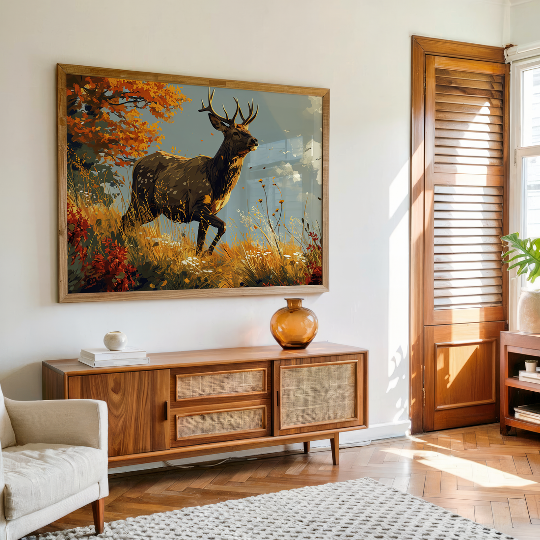 Autumn deer wall art with forest and warm nature background