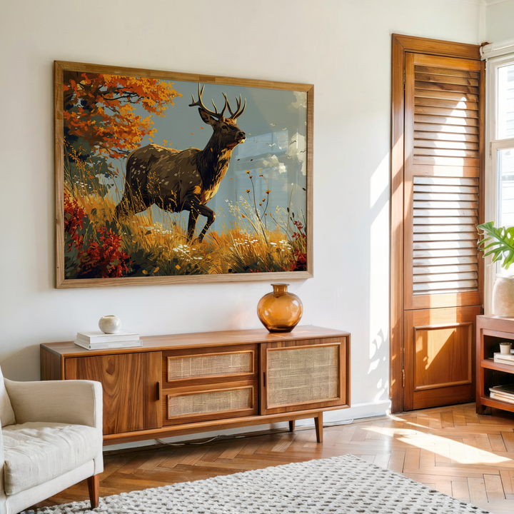 Autumn deer wall art with forest and warm nature background