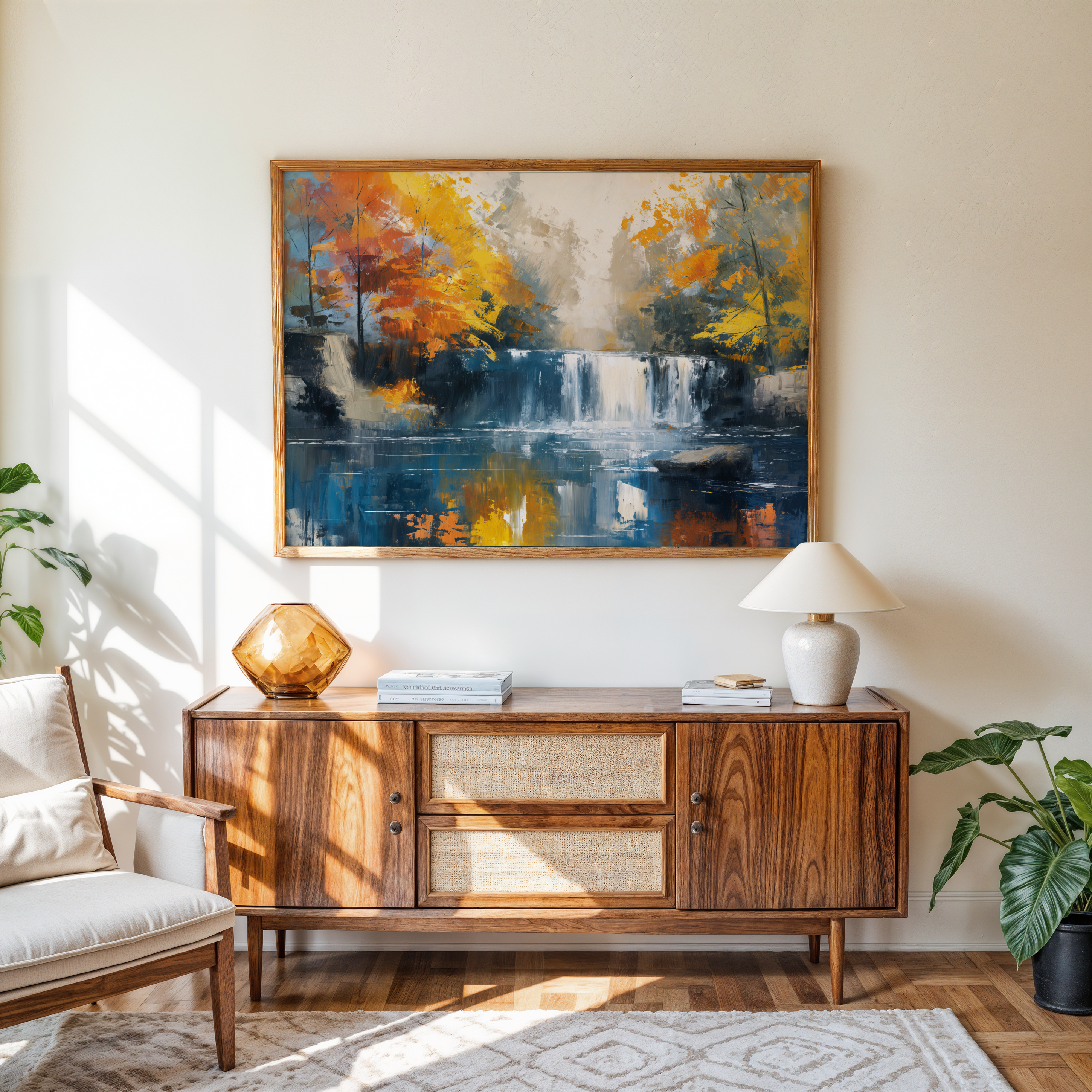 Abstract autumn forest scene featuring a wide waterfall, misty background, and vibrant fall leaves.