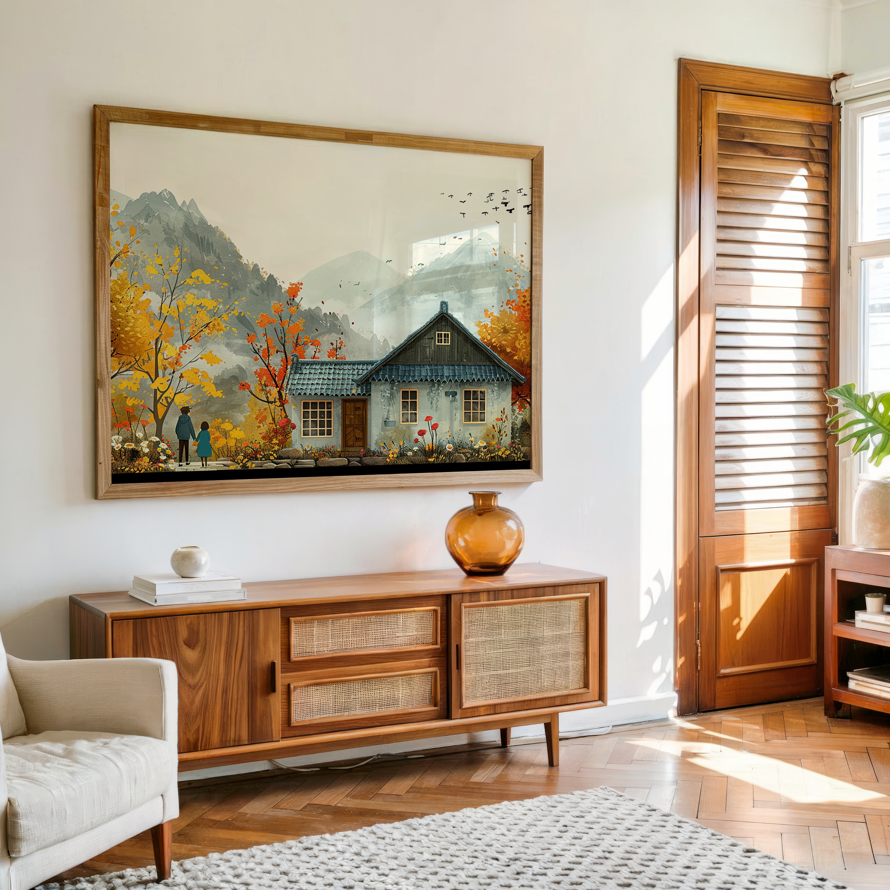 Autumn mountain house canvas wall art styled in cozy modern living room décor