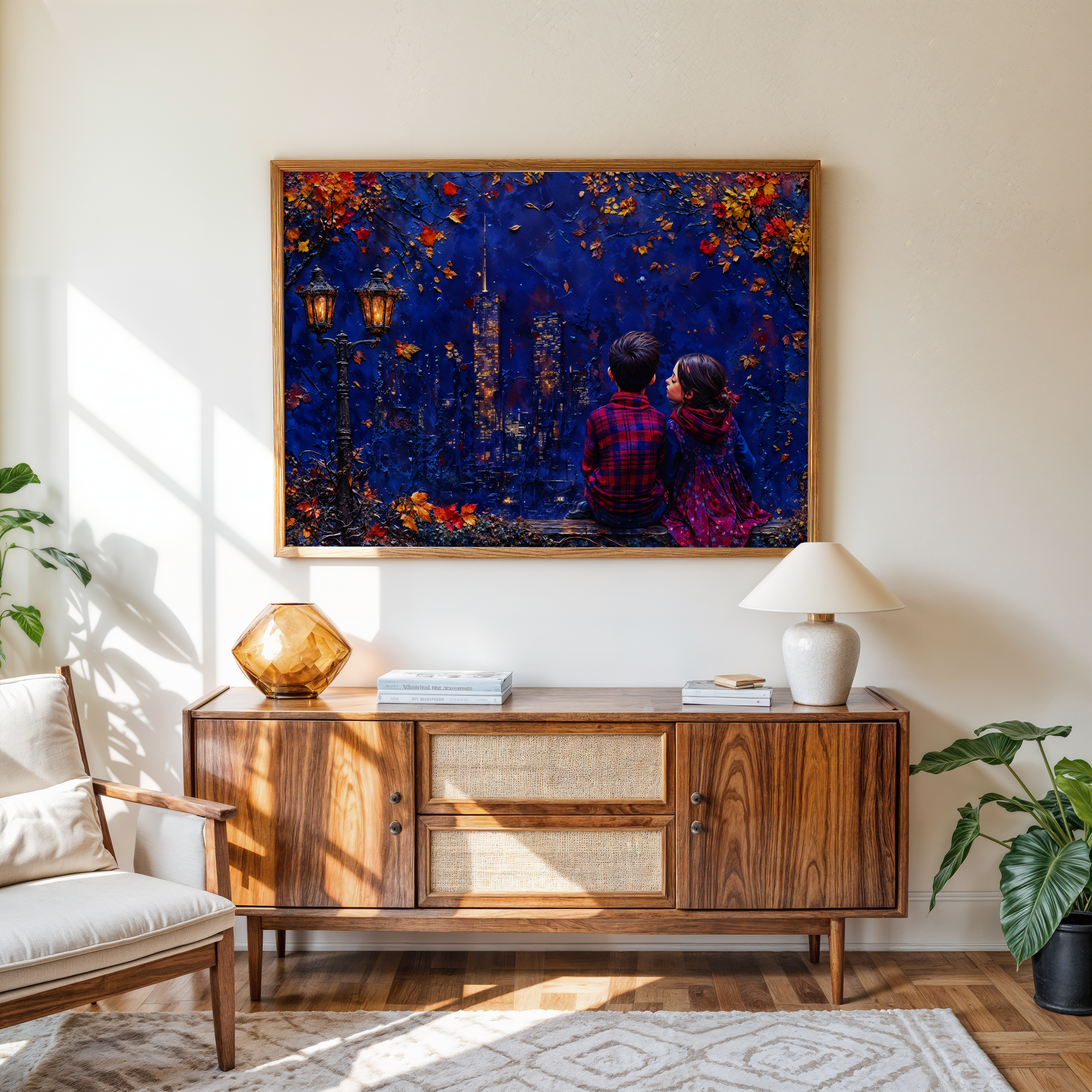 Romantic cityscape artwork with kids under autumn trees and glowing skyline – perfect fall-themed canvas print for wall decor