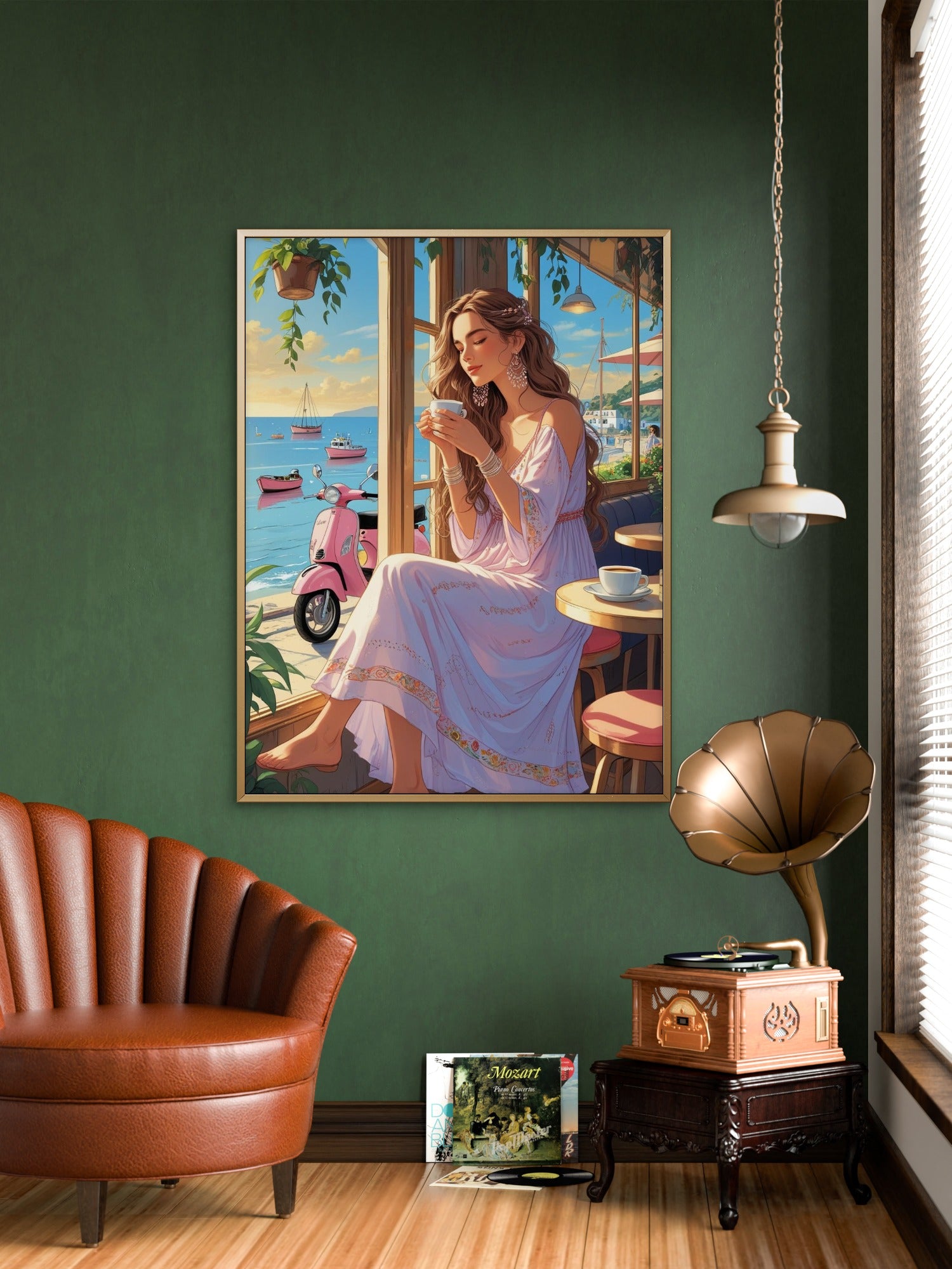 Woman in a pink dress sitting by a window with a scenic view, framed on a green wall above a brown leather chair and vintage record player.