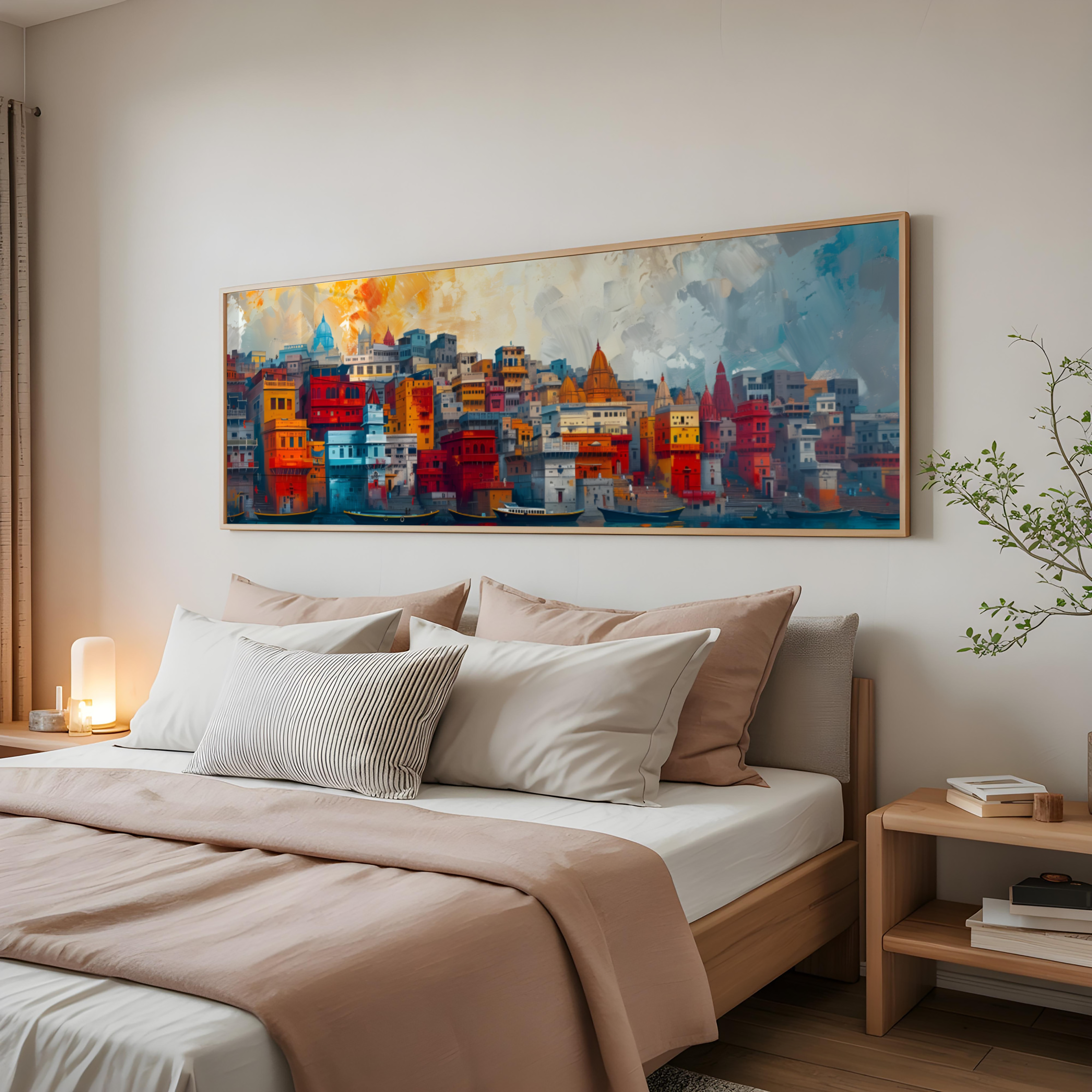 Banaras cityscape wall art featuring river Ganga, boats and colorful riverside buildings