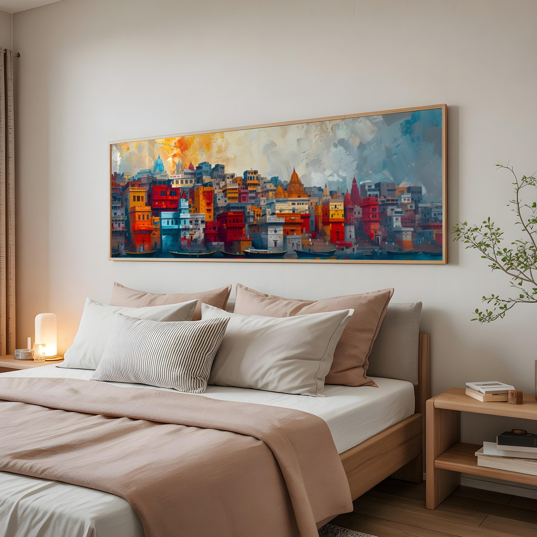 Banaras cityscape wall art featuring river Ganga, boats and colorful riverside buildings