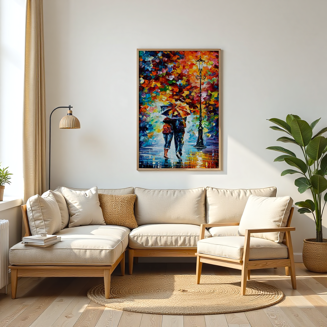 Living room with a colorful painting of two people under an umbrella, a beige sectional sofa, and a wooden armchair.
