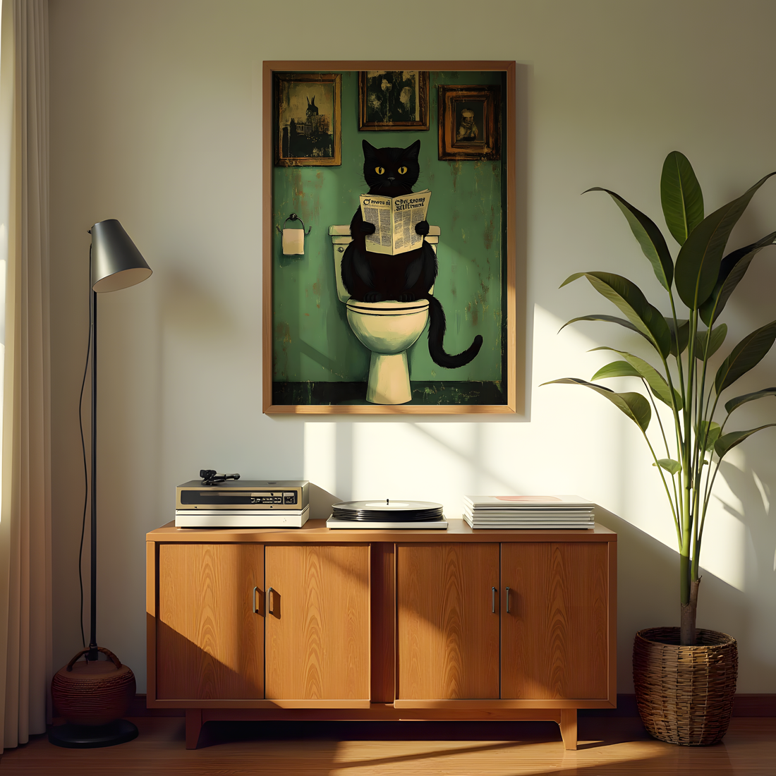 Playful black cat artwork perfect for bathroom decor