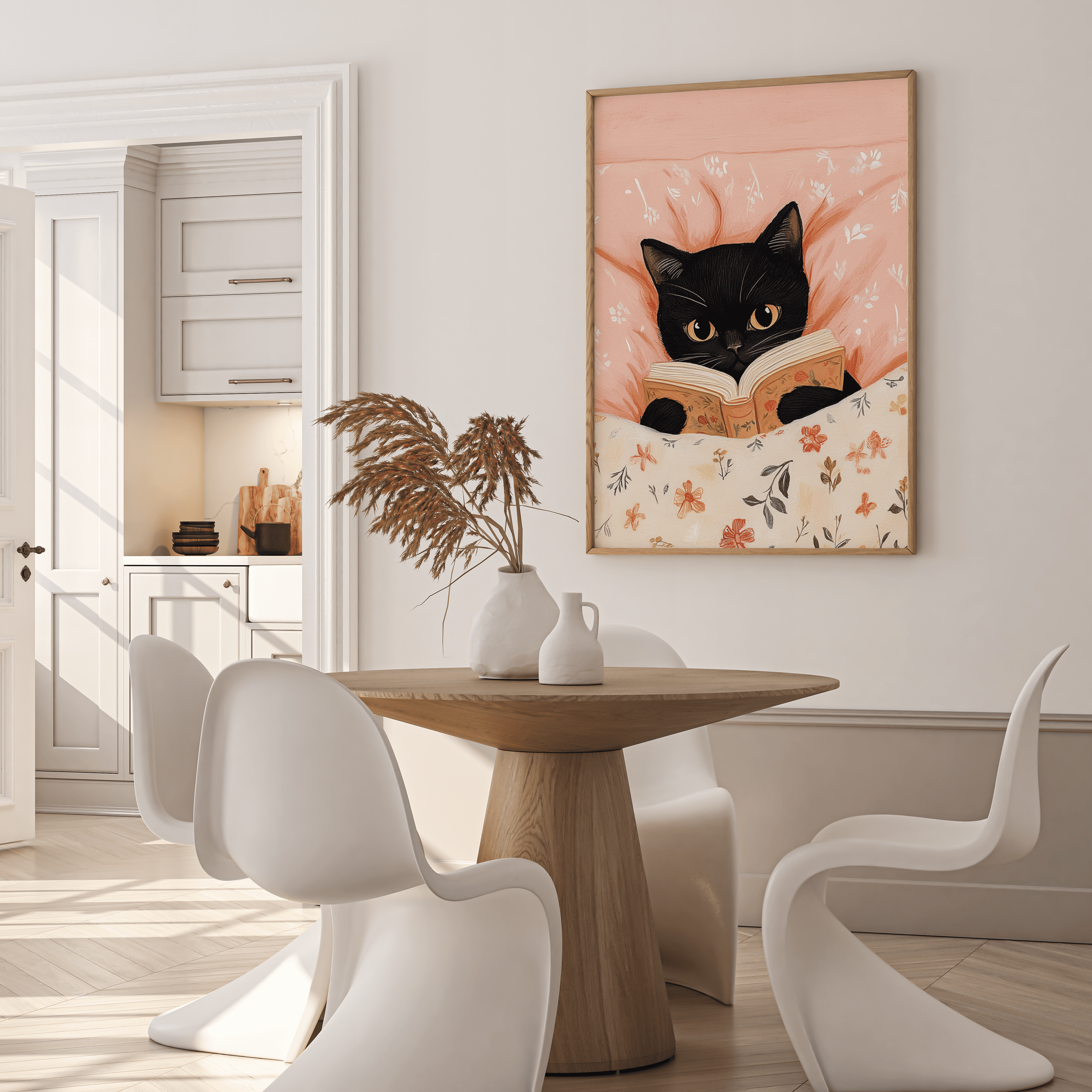 Black cat reading book in bed canvas wall art