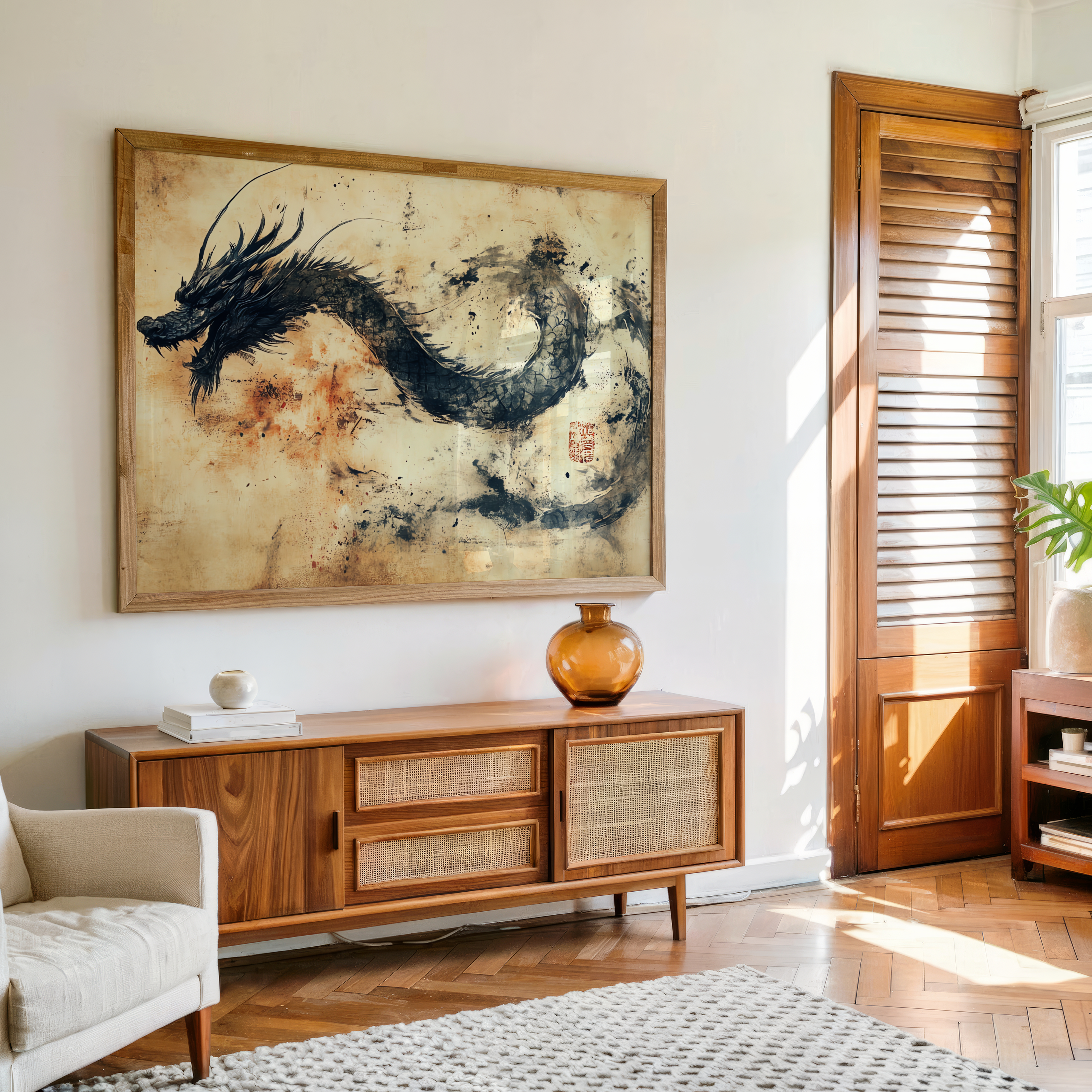 Traditional black dragon ink canvas wall art with frame