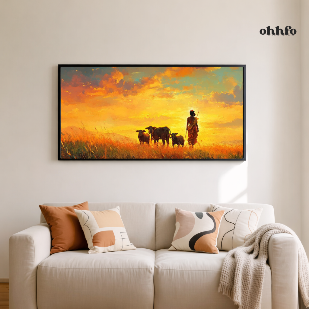 Lord Krishna with Cows at Sunset Canvas Wall Art