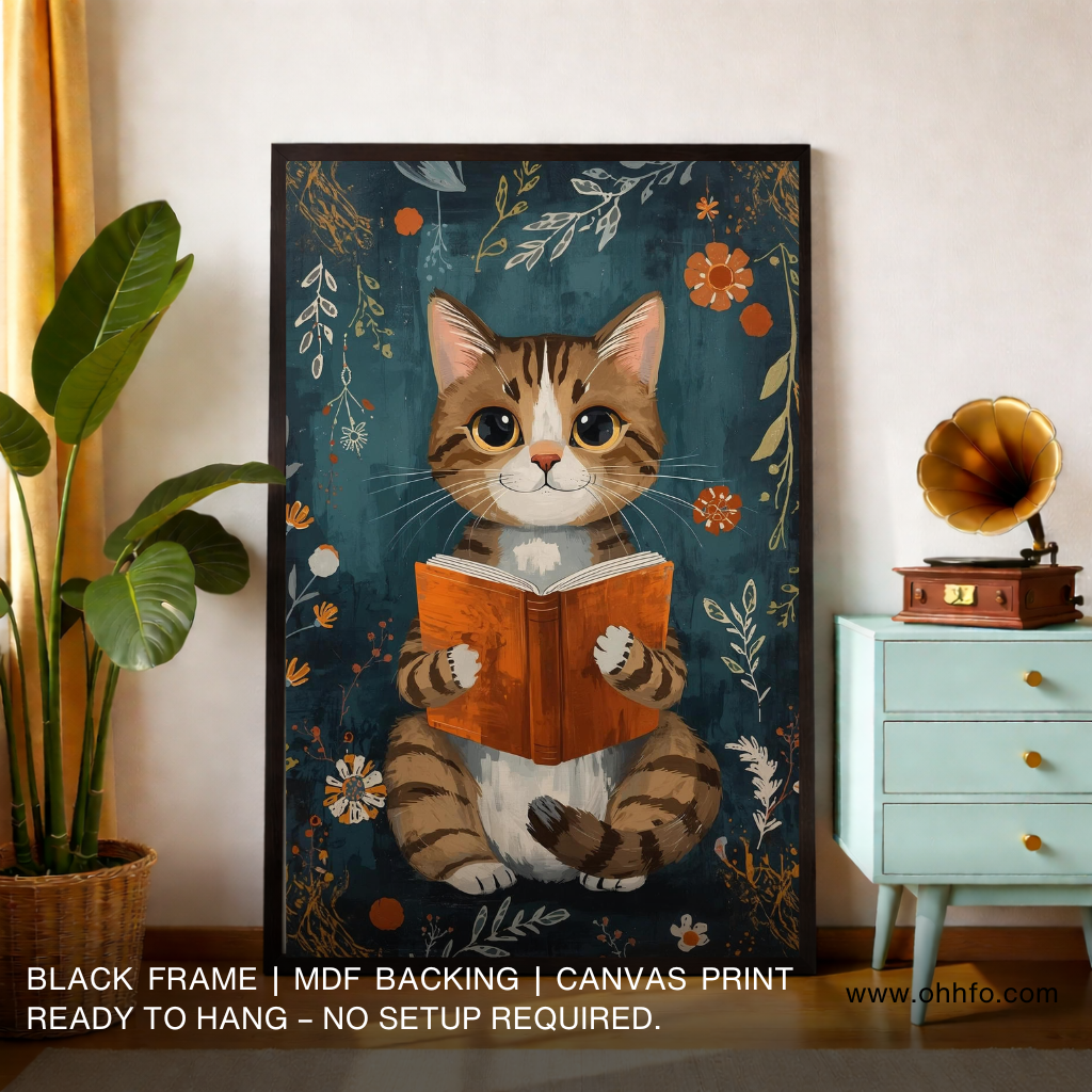 Boho Cat Reading Book Canvas Painting – Cozy Wall Art